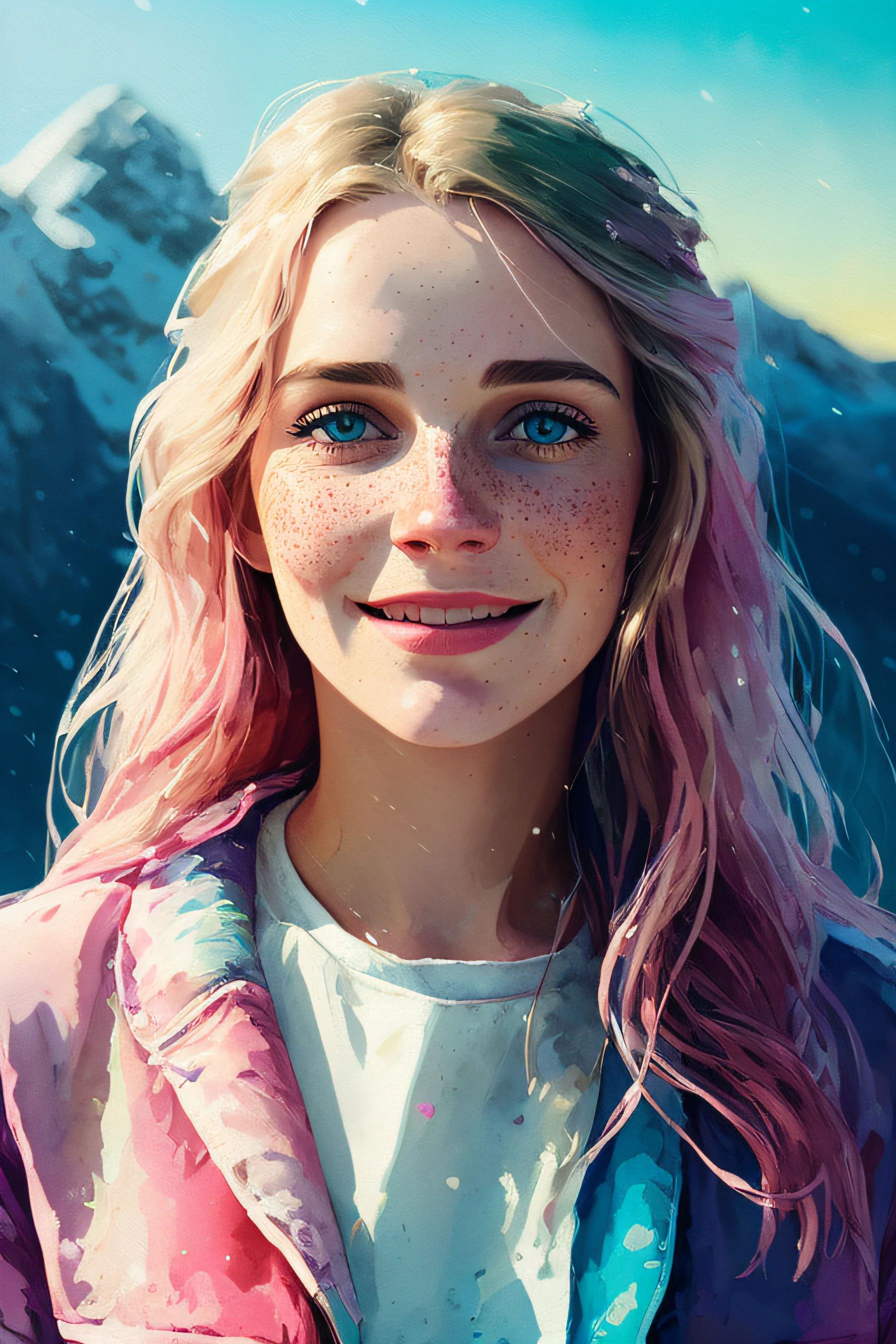 portrait of beautiful smiling woman with some freckles, snow-covered mountain landscape background by ilya kuvshinov and annie leibowitz. synthwave watercolor painting on canvas trending in artstation dramatic lighting abstract expressionism pastel shades tones (hd) golden ratio details aesthetic octane render excellent composition natural textures 8k oil paining masterpiece canon eos r4s 50