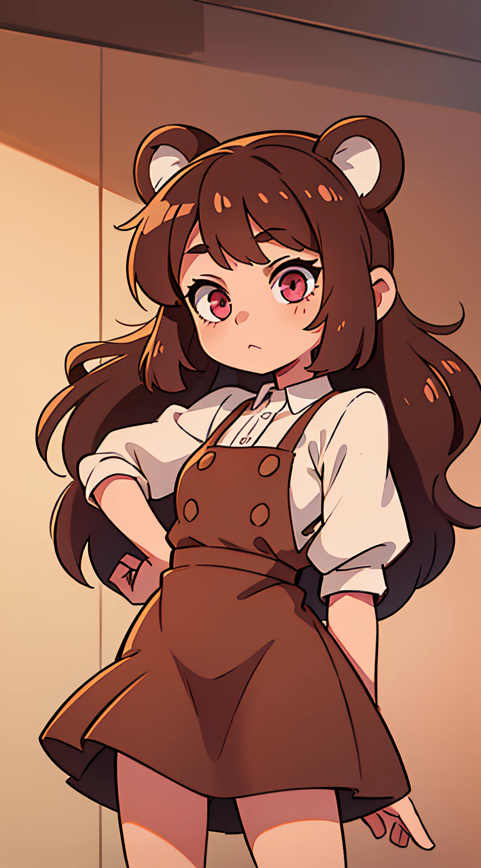 Girl with long brown hair, Brown Bear Ears. Long Brown Dress. pink eyes