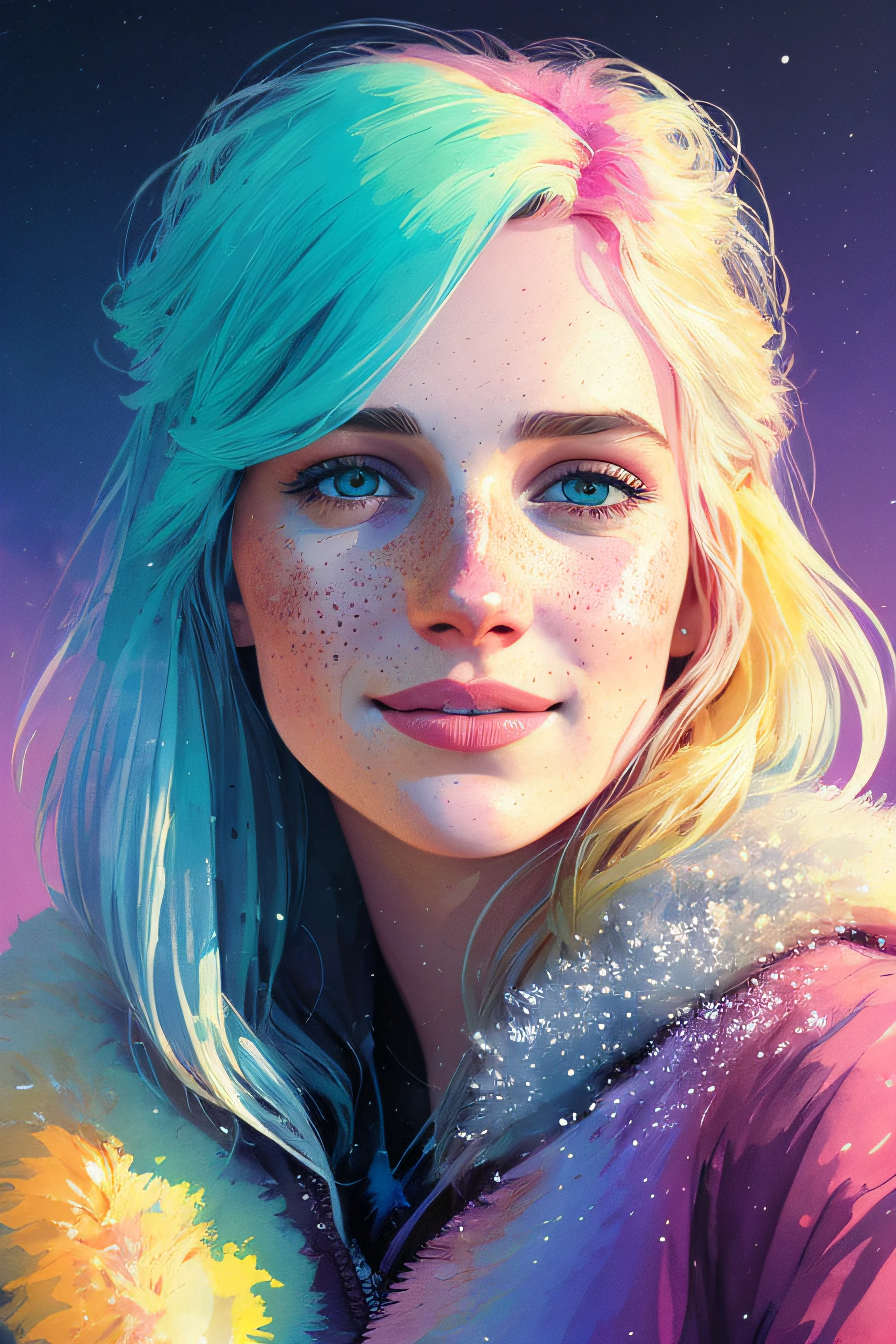 portrait of beautiful smiling woman with some freckles, snow-covered mountain landscape background by ilya kuvshinov and annie leibowitz. synthwave watercolor painting on canvas trending in artstation dramatic lighting abstract expressionism pastel shades tones (hd) golden ratio details aesthetic octane render excellent composition natural textures 8k oil paining masterpiece canon eos r4s 50