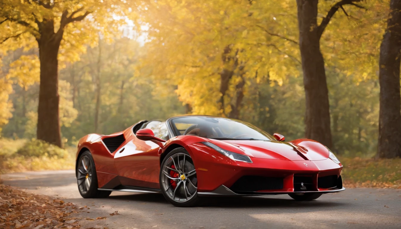 "Envision yourself as the art director of a high-quality visual project, where artificial intelligence is your tool. Your mission is to conceive a stunning image with advanced levels of detail and a cinematic style. Picture a scene where a red Ferrari stands out, gracefully positioned in a landscape blending the gleam of asphalt with the serenity of nature. Delve into excellence in details, from the perfect contour of the car to the texture of tree leaves. Craft a visual masterpiece that not only captures the beauty of the automobile but also narrates a visually engaging story."