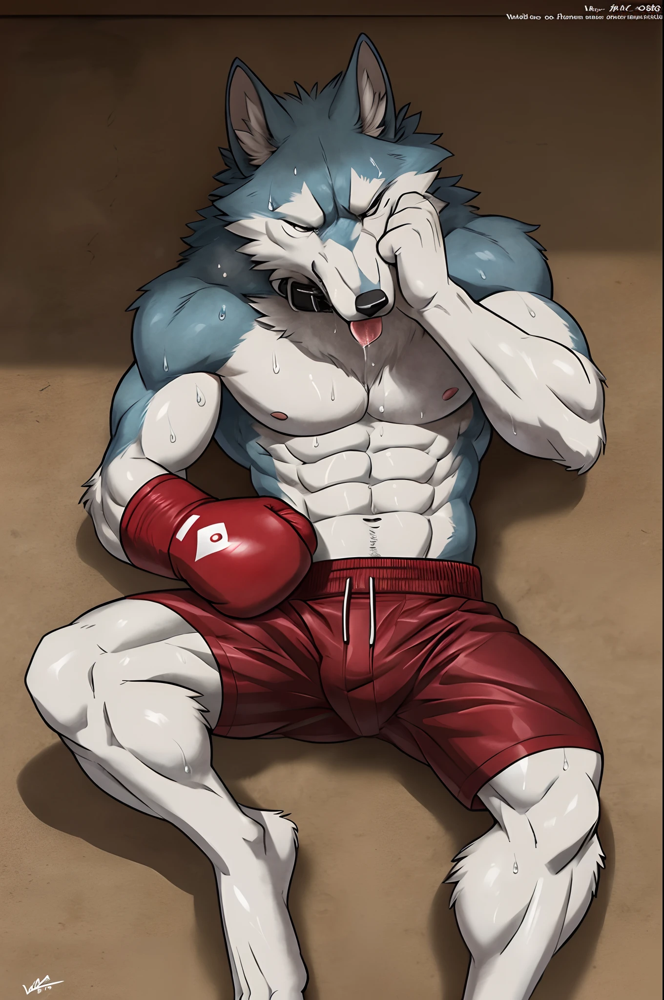 ((solo) full_body:1.4), (anthro) wolf, shirou_ogami:2.8 (bna), adult, mature, masculine, slim:1.2, skinny:1.2, tall:1, (correct anatomy:1.2), vascular veins, (cartoon fur, detailed fur texture:1.3), topless, bare paws, wearing big black collar (shirtless, boxing gloves, compression shorts), ultradetailed, (by wfa:1.2), (by takemoto_arashi, by vorusuarts, by Traver009:1, by grimfaust:1), natural lighting (boxing_ring:2.4 background), (sweat:1.4, wet:1.6), (lots of sweat flowing down) exhausted, wolf head ((open eyes, detailed):1.2), open mouth (steaming breath:1.2, drooling, dripping saliva, thick drool) tongue sticking out, (serious:1.4) expression), grumpy, sad, lying down, collapsed, defeat
