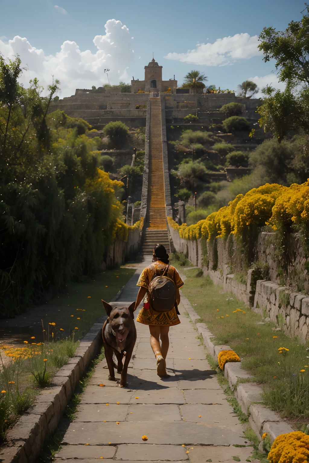 (perro xoloitzcuintle:1.1, azteca:1.1, walking:1.1, Mictlán:1.1, bridge:1.1, filled with marigolds:1.1, ancient ceremony:1.1, mystical atmosphere:1.1), oil painting, detailed brushstrokes, vibrant colors, (best quality, highres, masterpiece:1.2), ultra-detailed, realistic:1.37, indigenous culture, Mexican tradition, (spiritual journey:1.1, afterlife:1.1), (mysterious, eerie:1.1), (ethereal lighting:1.1, golden hue:1.1), sacred destination.