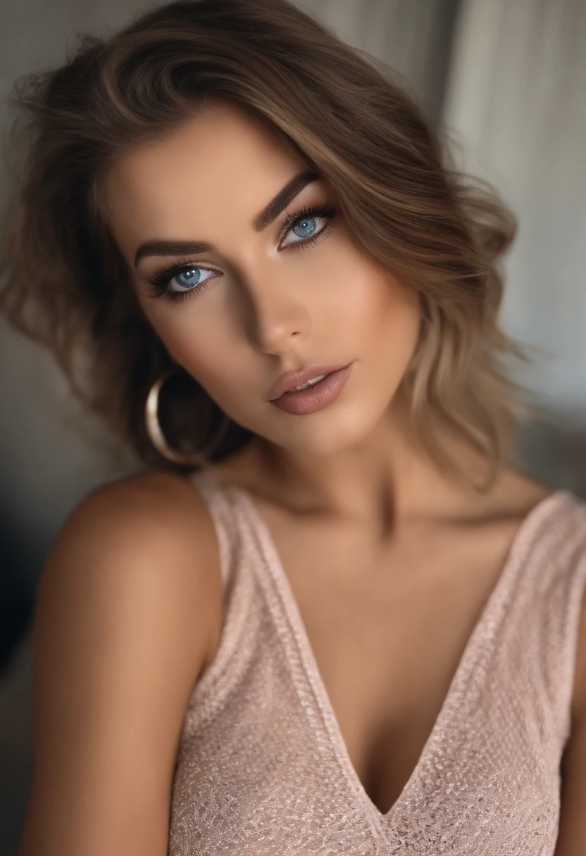 com olhos azuis, Ultra realista, meticulosamente detalhado, cabelos loiros e olhos grandes, selfie de uma jovem mulher, sem maquiagem, Maquiagem natural, staring directly at camera, Maquiagem sutil, Great full body photo, no quarto, Medium to large bust, Agora mesmo, 18 anos