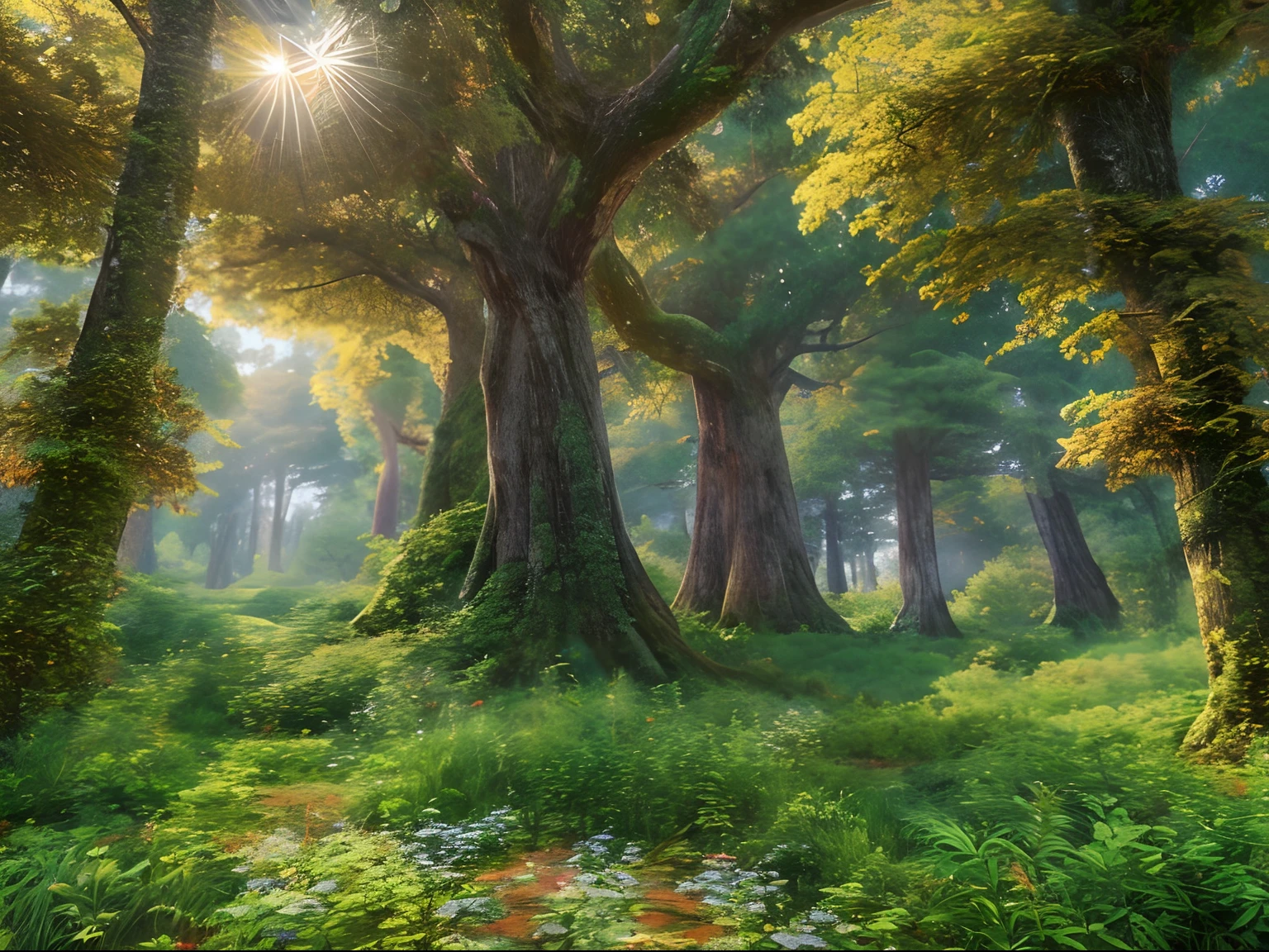 masterpiece, best quality, high quality,extremely detailed CG unity 8k wallpaper of tall trees with bubble leaves, colorful bushes and a lush undergrowth