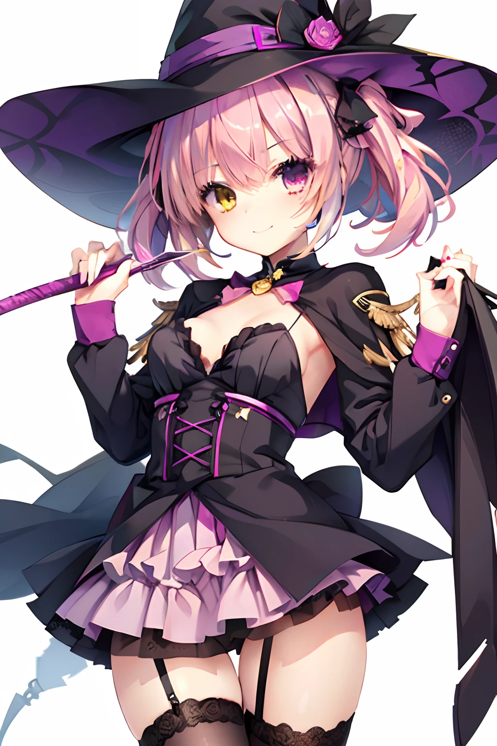 One girl,Pink hair,Twin-tailed,Heterochromia,bewitching,lascivious,Yellow and pink eyes,Evil Fallen Costume,Whip thighs,Stockings,evil smile,White background,Top image quality,Best Quality