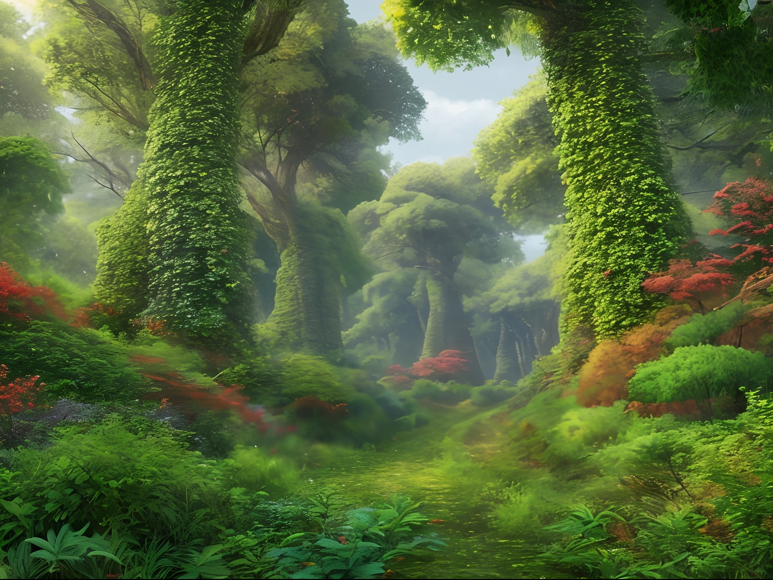 masterpiece, best quality, high quality,extremely detailed CG unity 8k wallpaper of tall trees with bubble leaves, colorful bushes and a lush undergrowth