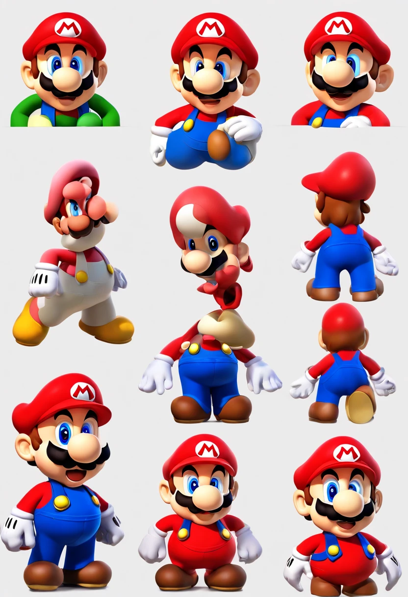 (Mario), design de personagens, Nintendo Super Mario, (olhos azuis, red hat, terno vermelho, blue suspenders, luvas brancas, )super bonito estilo caixa cega, Chibi, corpo inteiro, exaggerated expressions and actions, fundo limpo, Destaques iridescentes brilhantes, studio lighting, Atmospheric Illumination, com textura requintada, High detail, high resolution, c4d, ..3d, Liquidificador, 8k, best quality, Ultra High Definition