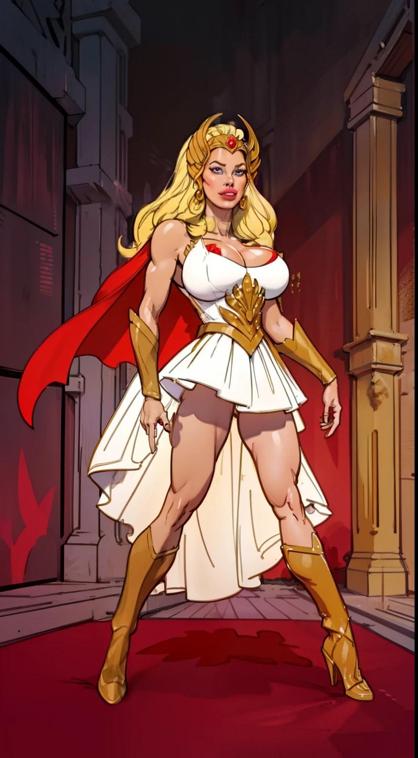 ((full body view:1.2)), ((she-ra)),((1985)), (pale skin:1.2), (white skin:1.5), ((front view:1.3)), pale face, (puffy lips:1.4), (crown:1.4),(white skirt), ((gold gauntlets:1.3)), ((red cape:1.1)), (gigantic breasts:1.4), ((gigantic breasts:1.3)), design sheet, masterpiece, (slendered abs:1.2) ,detailed , shiny skin, beautiful lighting from the side, harsh light,epic pose, dynamic movie poster