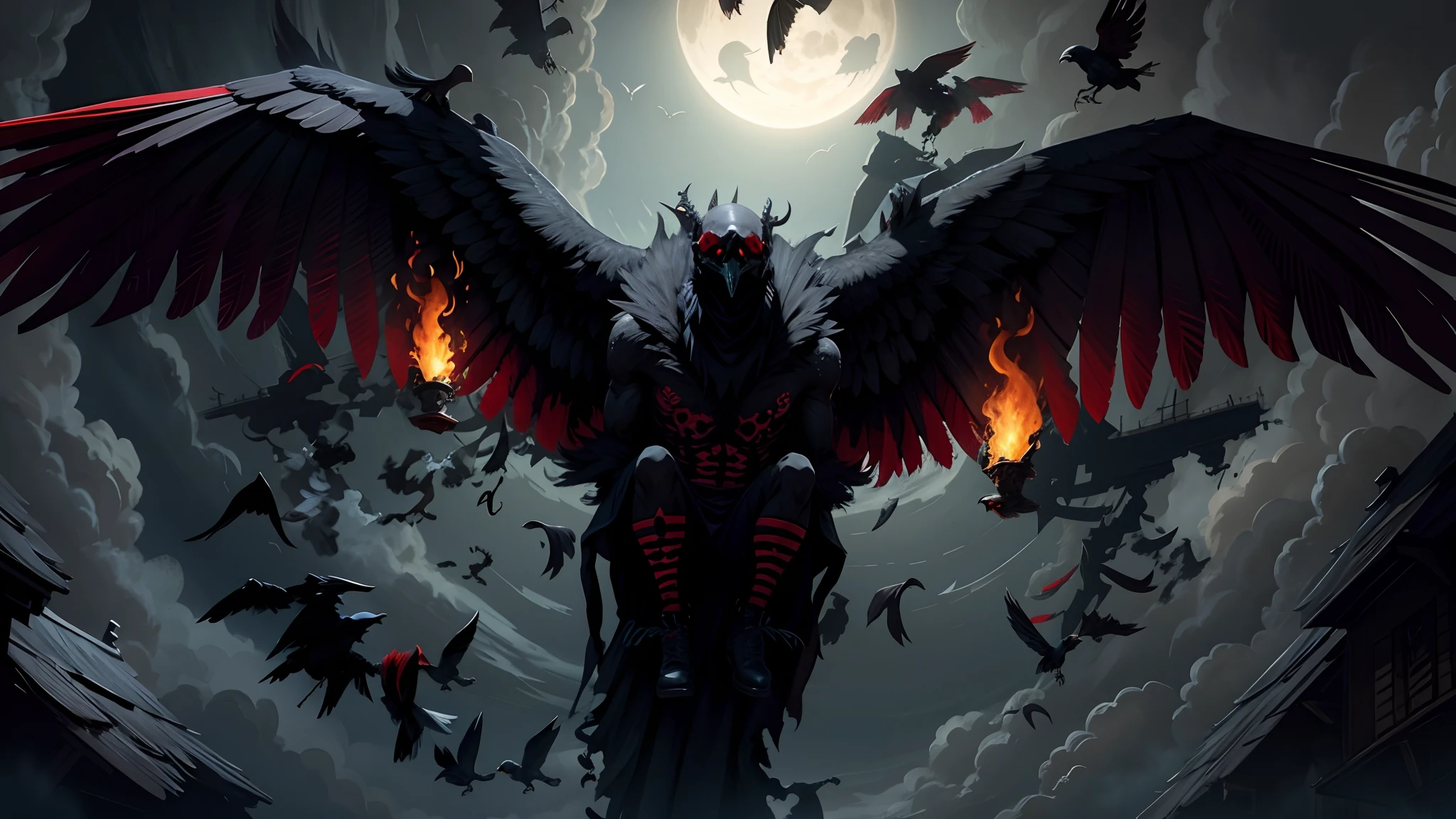 demon, raven, calavera, red-eyes, black feathers, Flying Raven, Bloody Backstory