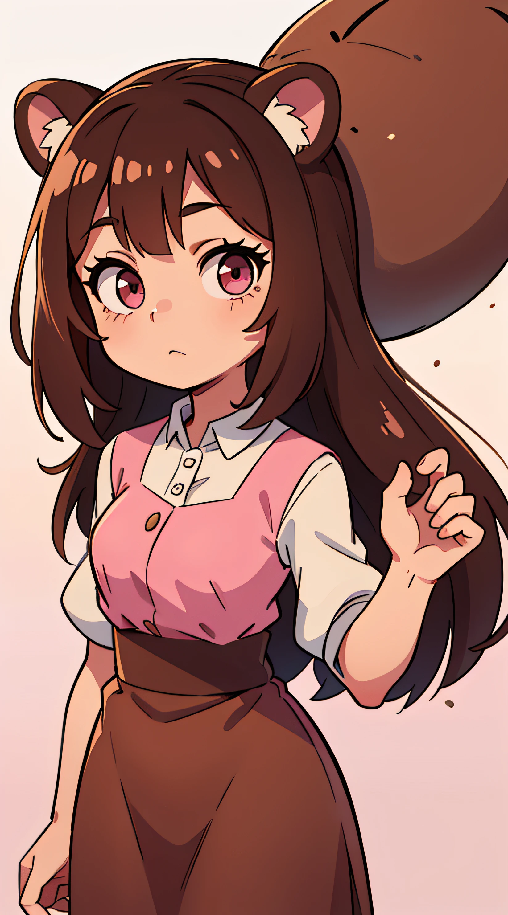 Girl with long brown hair, Brown bear ears. Long Brown Dress. pink eyes