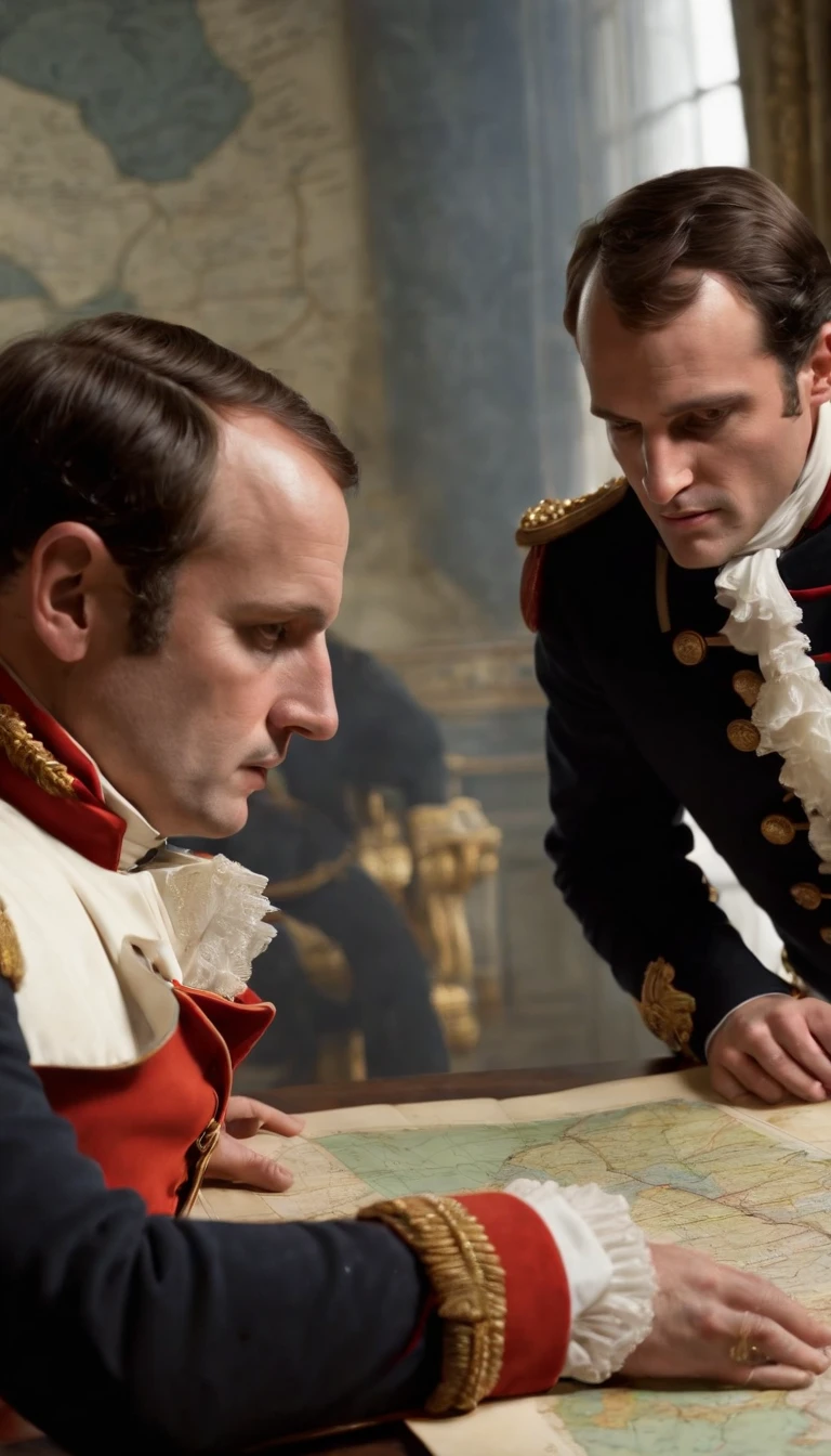 Napoleon Bonaparte meeting with his generals, he is pointing out a strategy on a table that has a map