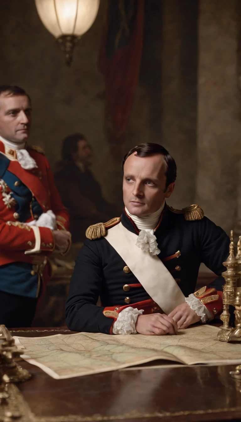 Napoleon Bonaparte meeting with his generals, he is pointing out a strategy on a table that has a map