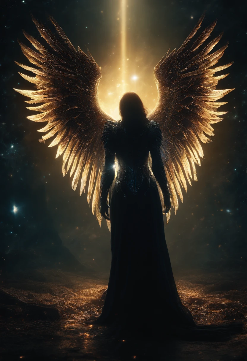 Cosmic Fallen Angel, glowing light eyes, Biomechanical, eerie, Creepy, nightmarish, Very bright colors, Light particles, with light glowing, Mshiff, wallpaper art, UHD wallpaper