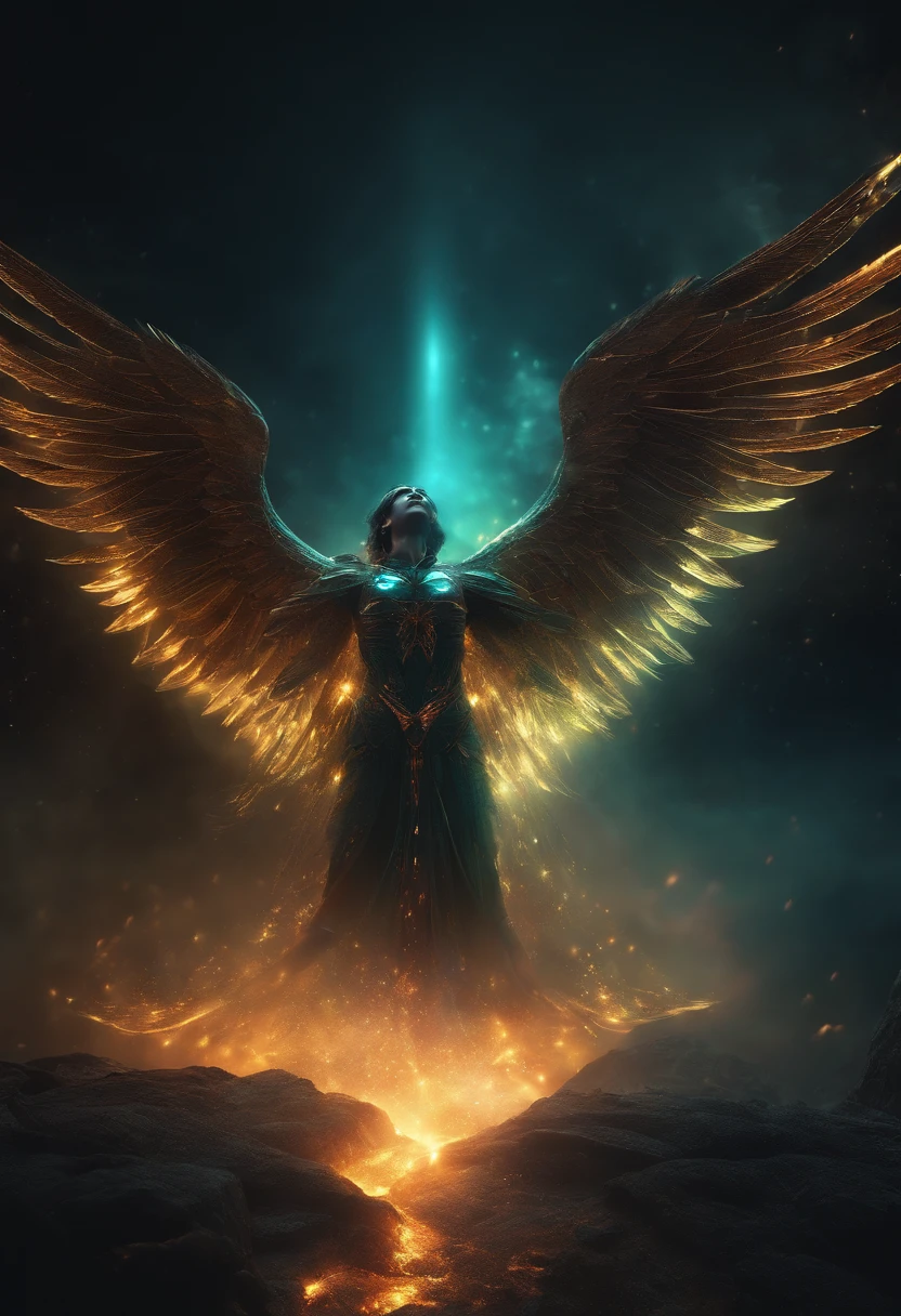 Cosmic Fallen Angel, glowing light eyes, Biomechanical, eerie, Creepy, nightmarish, Very bright colors, Light particles, with light glowing, Mshiff, wallpaper art, UHD wallpaper