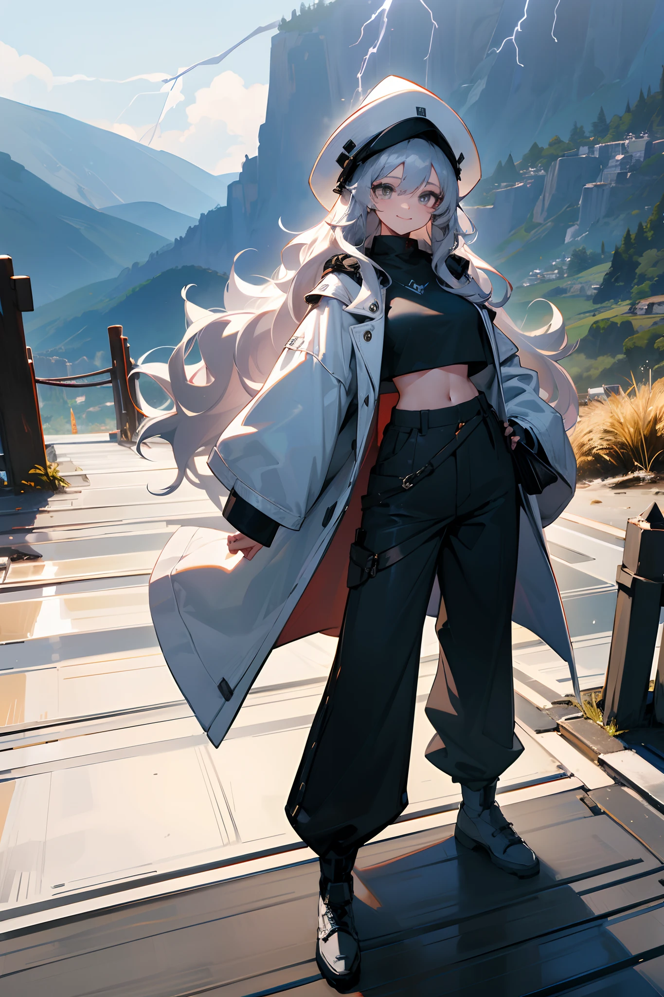 1female, adult, silver hair, long hair, wavy hair, grey eyes, oversized white coat, black crop top, baggy pants, black pail hat, standing on path, mountain, perfect lighting, lightning background, smile