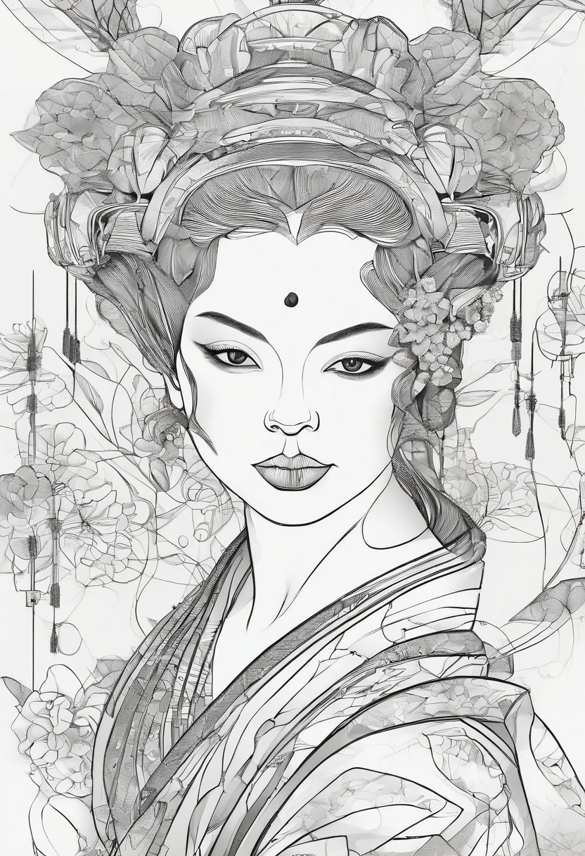 Closeup on face ,masterpiece, best quality, ultra-detailed,((geisha)) ,cybernetica,cybernetic parts,line art