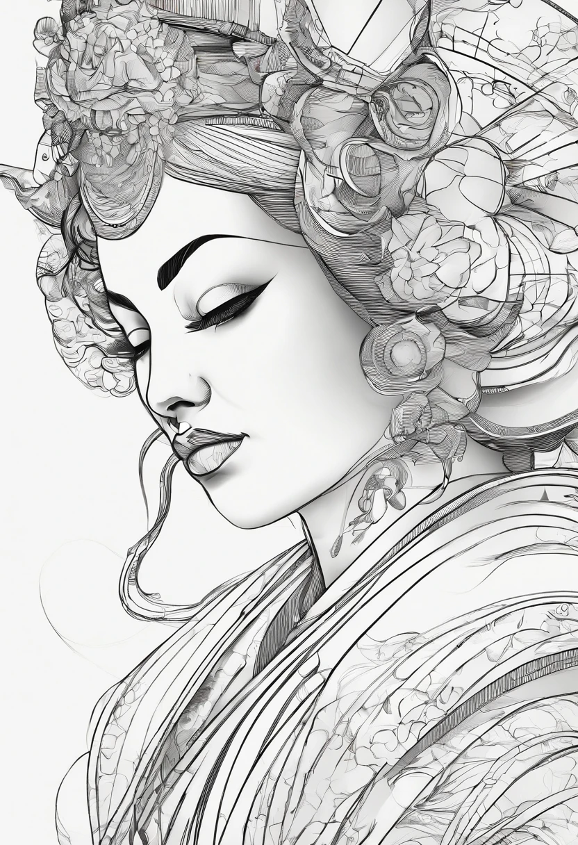 Closeup on face ,masterpiece, best quality, ultra-detailed,((geisha)) ,cybernetica,cybernetic parts,line art