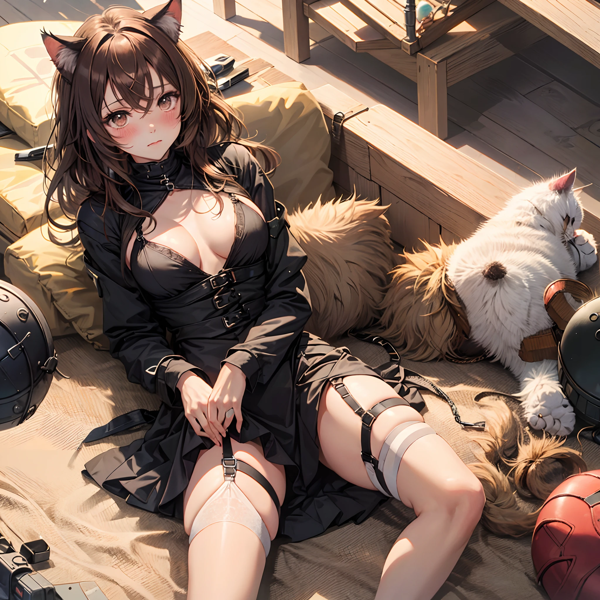 Anime girl, small, blush, brown eyes, brown hair, long hair, shy, submissive, cat ears, tight dress, lingerie, small breast, big thighs, tied up