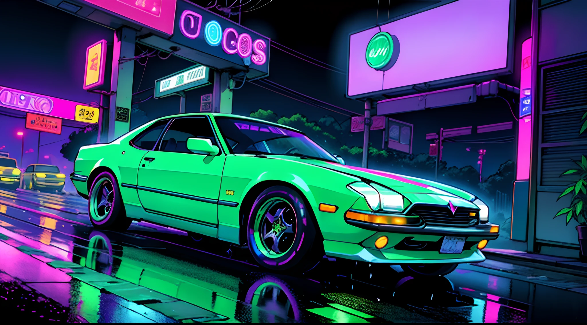 Cool chic car on a wet road. , neon lights, neon, retrowave, club,,,, in love Hemp, leaf, marijuana, cannabis, ((illustration)), colorful, wallpaper, energy, secret, magical environment, omniscience, prediction of the future, understanding the past, frost magic, --v 6