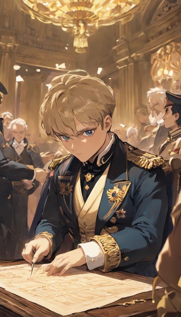Napoleon Bonaparte meeting with his generals, he is pointing out a strategy on a table that has a map
