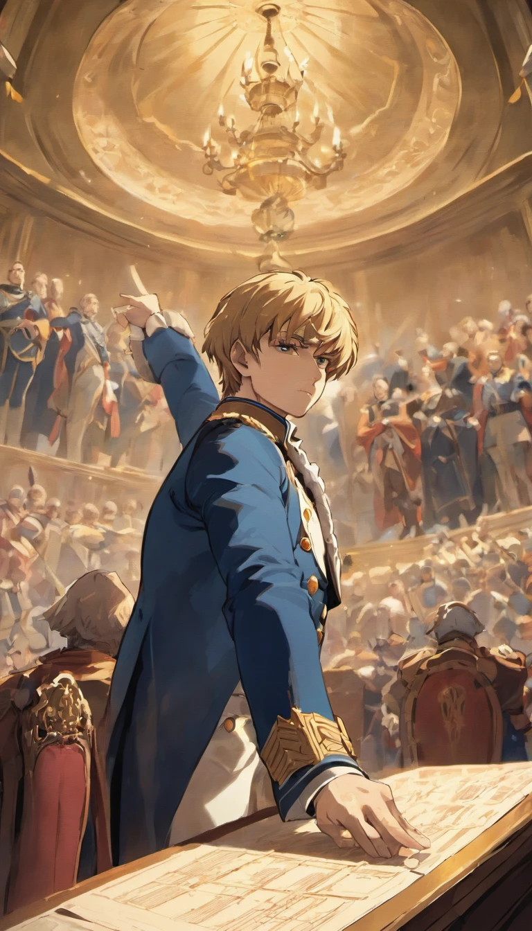 Napoleon Bonaparte meeting with his generals, he is pointing out a strategy on a table that has a map