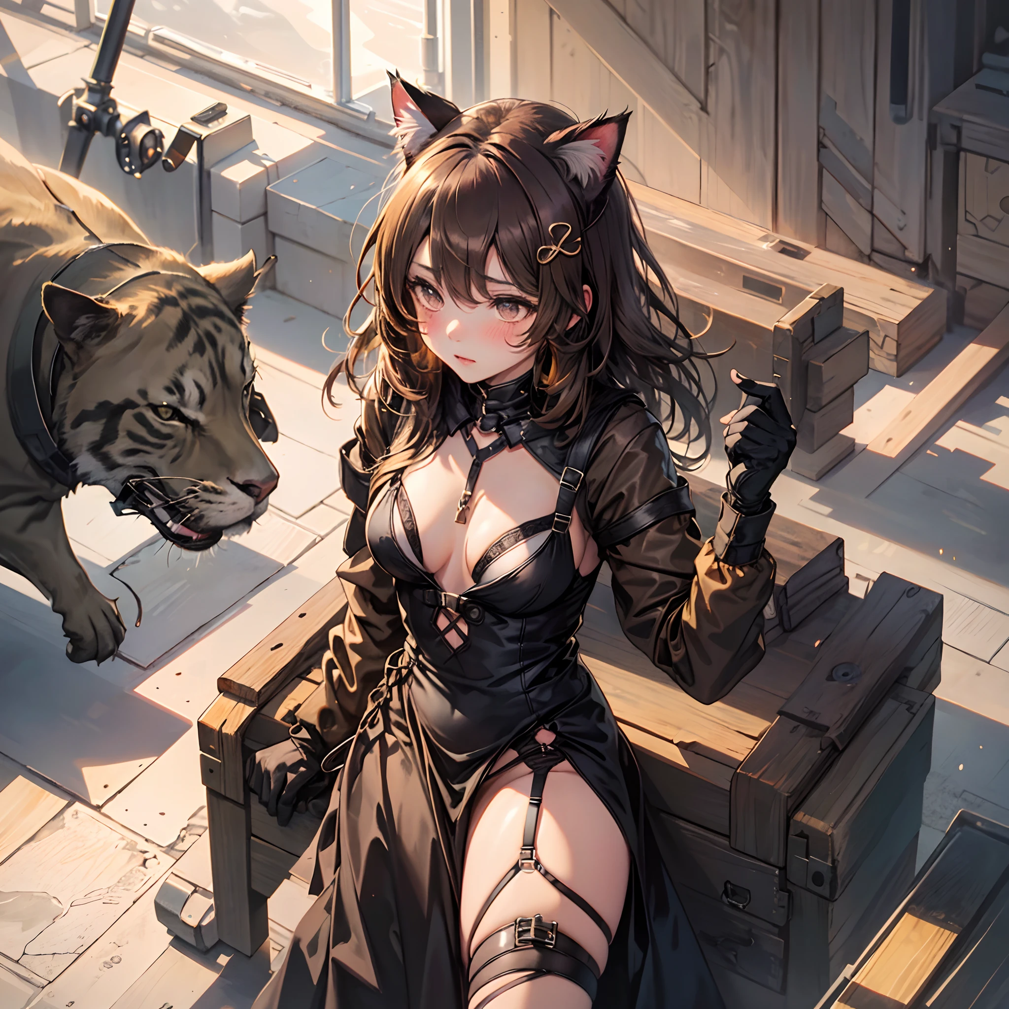 Anime girl, small, blush, brown eyes, brown hair, long hair, shy, submissive, cat ears, tight dress, lingerie, small breast, big thighs, tied up