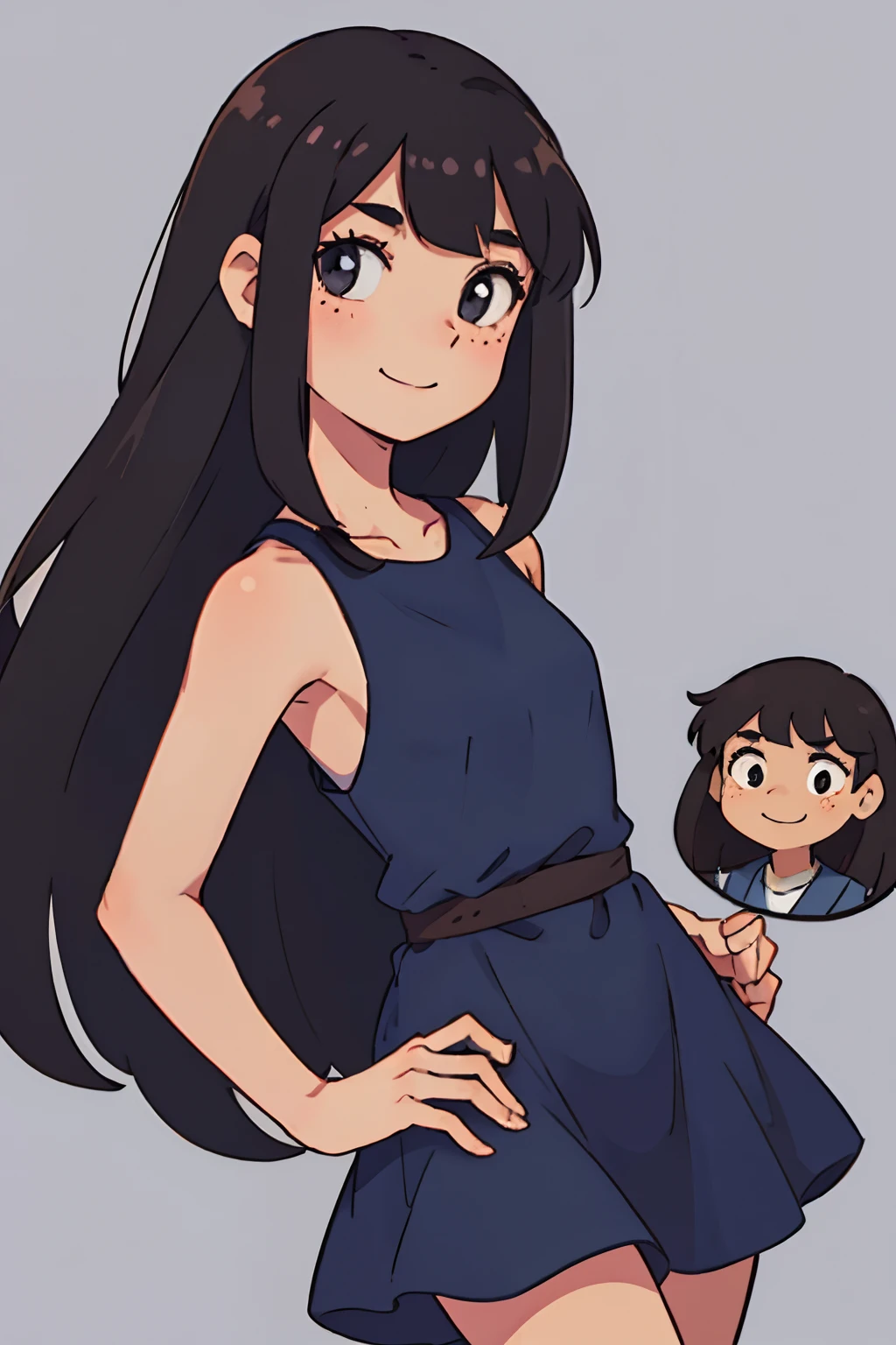 (best-quality:0.8), (best-quality:0.8), tan skin, long black hair, straight hair, brown eyes, modest, feminine, freckles, petite, cute, slight smile, navy blue dress