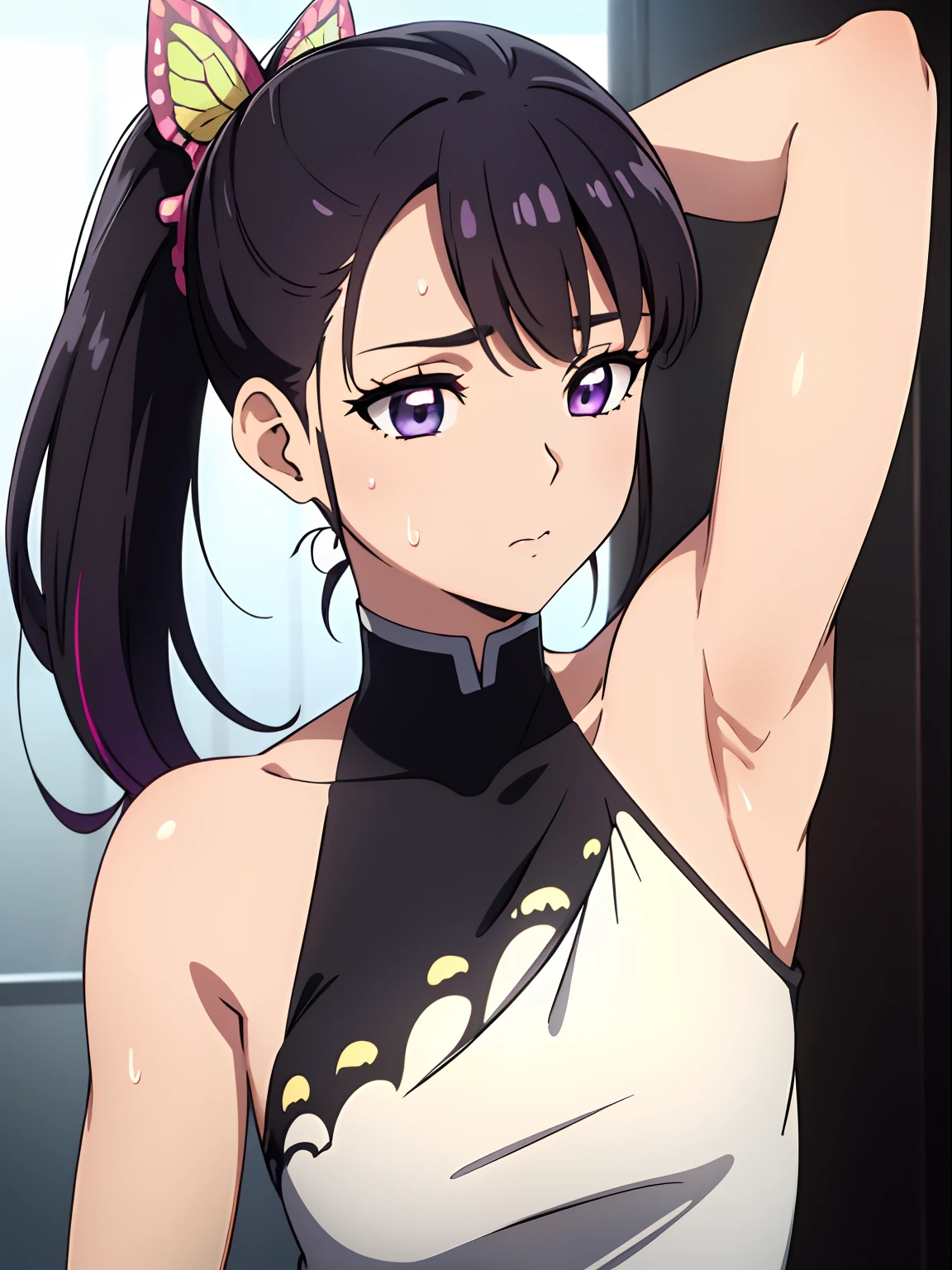 Highres, Masterpiece, Best quality at best,Best Quality,hight quality, hight detailed, kanao tsuyuri, black hair, butterfly, butterfly hair ornament, (purple eyes:1.1), side ponytail, ponytail, tank top, (sweat), (armpit) best quality, high resolution, unity 8k wallpaper, (illustration:0.8), (beautiful detailed eyes:1.6), extremely detailed face, perfect lighting, extremely detailed CG, (perfect hands, perfect anatomy),