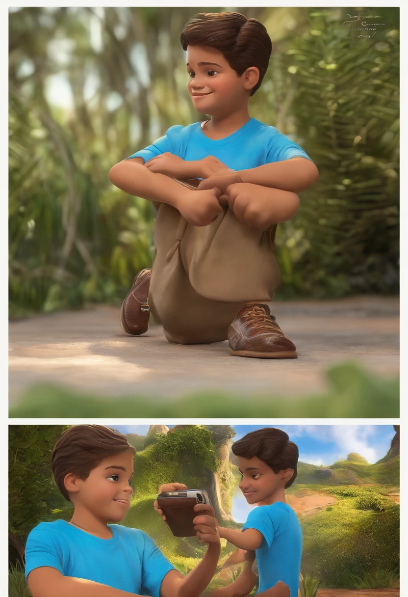 Menino de 13 anos gordinho branco Buchechudo, tipo cenario da disney, ele estava jogando no celular, Pixar, ....3d, Disney