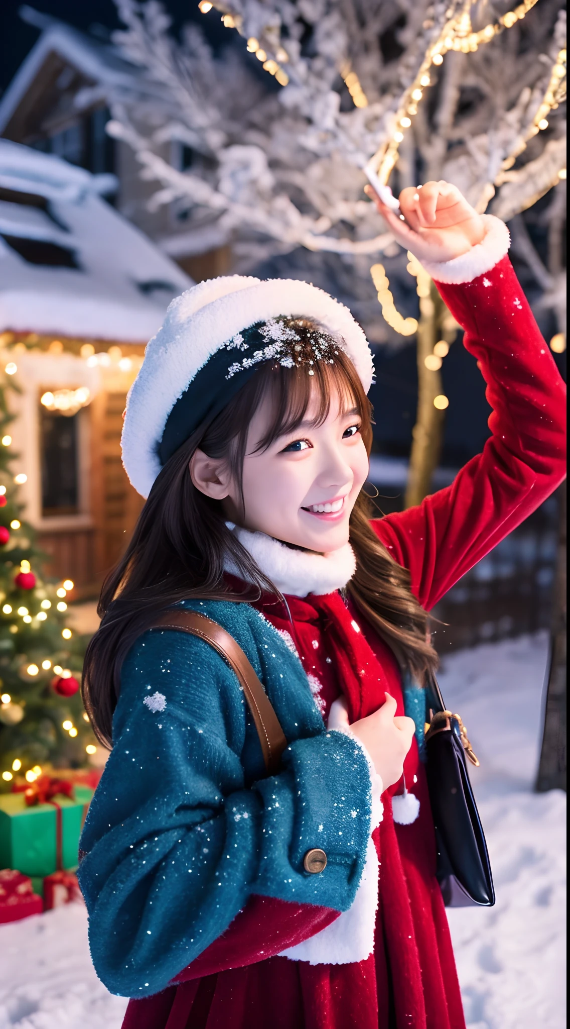 In the snow-covered cityscape、Under the illuminated Christmas tree、A girl in a Santa costume is standing smiling。Her outfit is a red velvet dress、There is a white fur collar or cuffs。Her hair is decorated with ribbons,、Wearing a red Santa hat。In her hand is a cute bag with gifts in her hand。There is a lot of snow around.、A house with lights in the distance々Looks。Her eyes are shining、Let us feel the magic of Christmas with a happy smile。