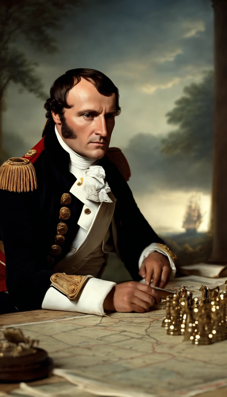 Napoleon Bonaparte meeting with his generals, he is pointing out a strategy on a table that has a map