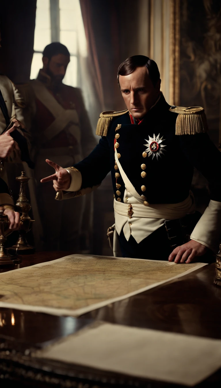 Napoleon Bonaparte meeting with his generals, he is pointing out a strategy on a table that has a map