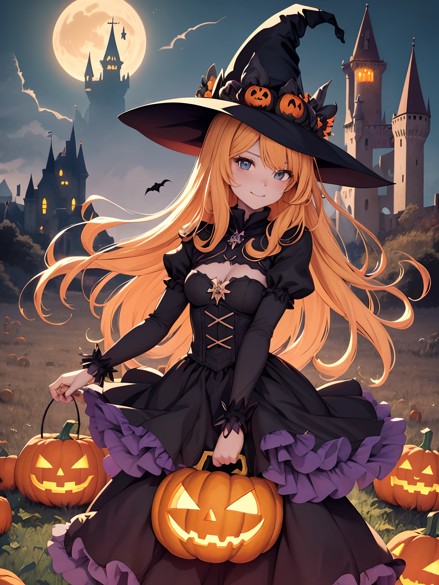 high-level image quality、top-quality、Beautuful Women、1 persons、ssmile、embarassed expression、pony tail hair、swim wears、knee high、Halloween Party、Halloween Cosplay、cinematlic lighting、Beautiful and perfect legs, Clean and perfect hands、Lots of jack-o'-lanterns,large full breasts, ((1 Beautiful Witch)), ((Blonde hair, long wavy hair with bangs,,,,,,,,,,,,,)) (((1 witch, Soio))) )) ((sixteen years old)) blue eyes, Have a very sexy body, Full chest and narrow waist, And a very sexy body,