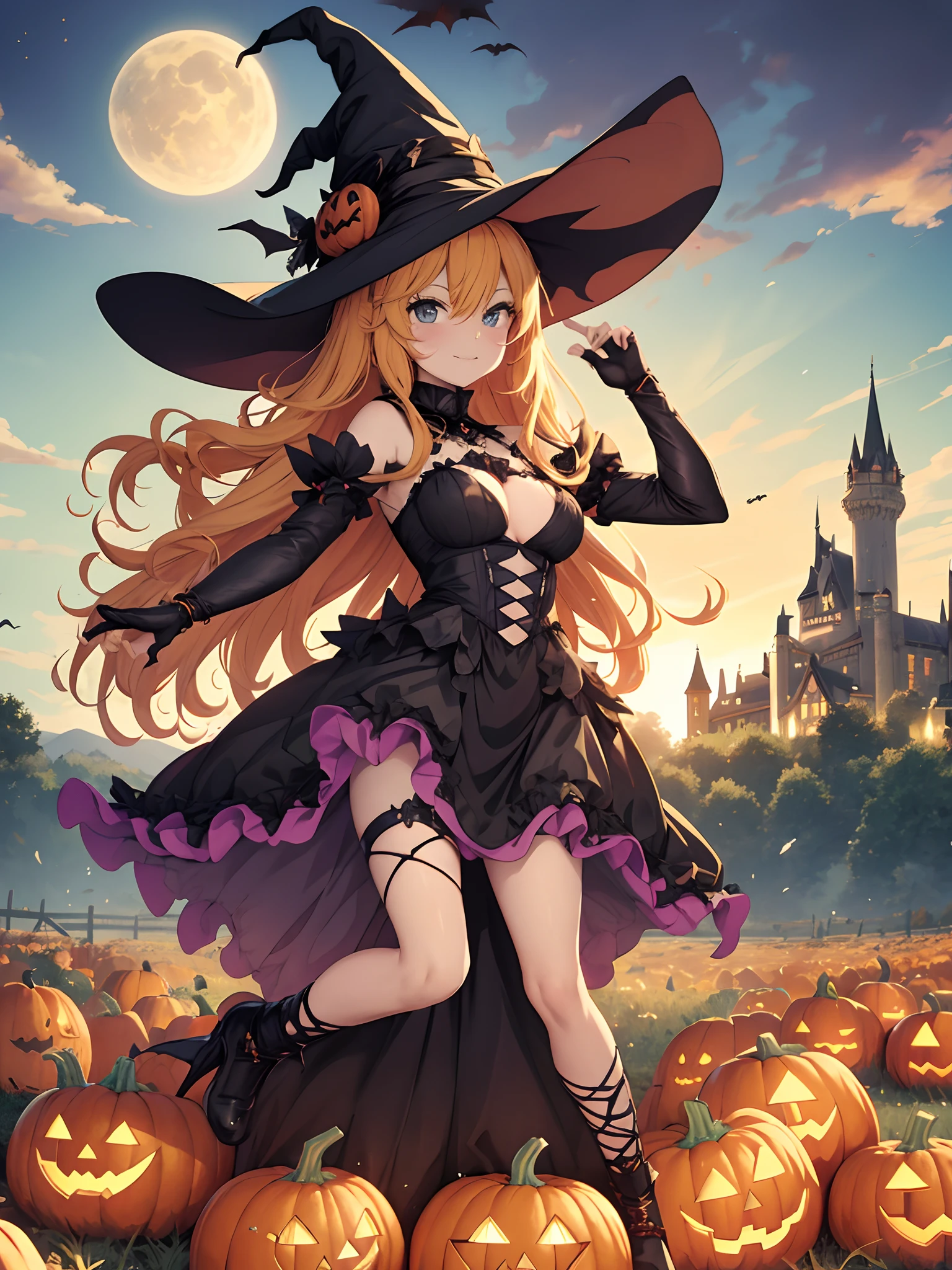 witch riding a pumpkin in a field with a castle in the background, mechanized witch girl, witch girl, halloween theme, halloween celebration, bright witch, halloween art style, flirty anime witch casting magic, ❤🔥🍄🌪, scarry but bewitching, trick or treat, witch, fashionable dark witch, splash art anime li, classical witch