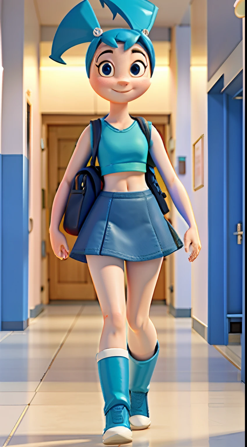 Walking down school hallway, wearing a backpack, looking at viewer, smiling, blue sleeveless midriff, blue skirt, midriff, white, metallic body, robot joints, daytime, blue pigtails, blue knee high boots, vibrant colors