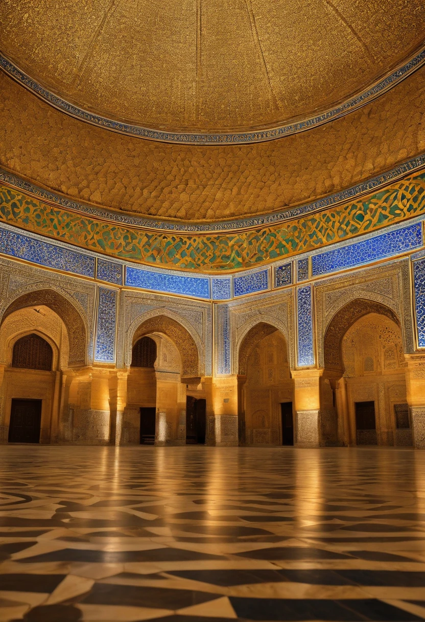 dome of the rock,arquitetura antiga,local sagrado,Islamic art,Golden dome,Holy Shrine,mosaicos coloridos, intricate geometric patterns,caligrafia ornamentada,luz solar brilhante refletindo,pilares lindamente esculpidos,pisos marmorizados,turistas admirando a vista,atmosfera serena,significado religioso,ancient history,architectural masterpiece,(best quality,4k,8k,Altas,master part:1.2),ultra-detalhado,(Realistic,fotorrealista,photo-realistic:1.37),HDR,UHD,studio lighting,extreme detail description,profissional,vivid colors,Bokeh,cena noturna,Silence in the moonlight.