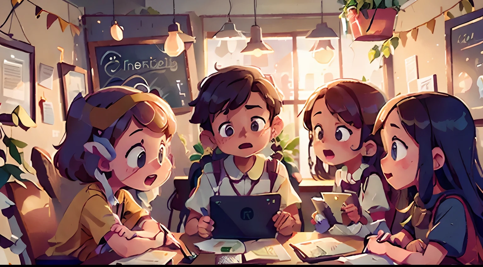a group of programmers sitting at a table of restaurante working to fix a programming error on a laptop.