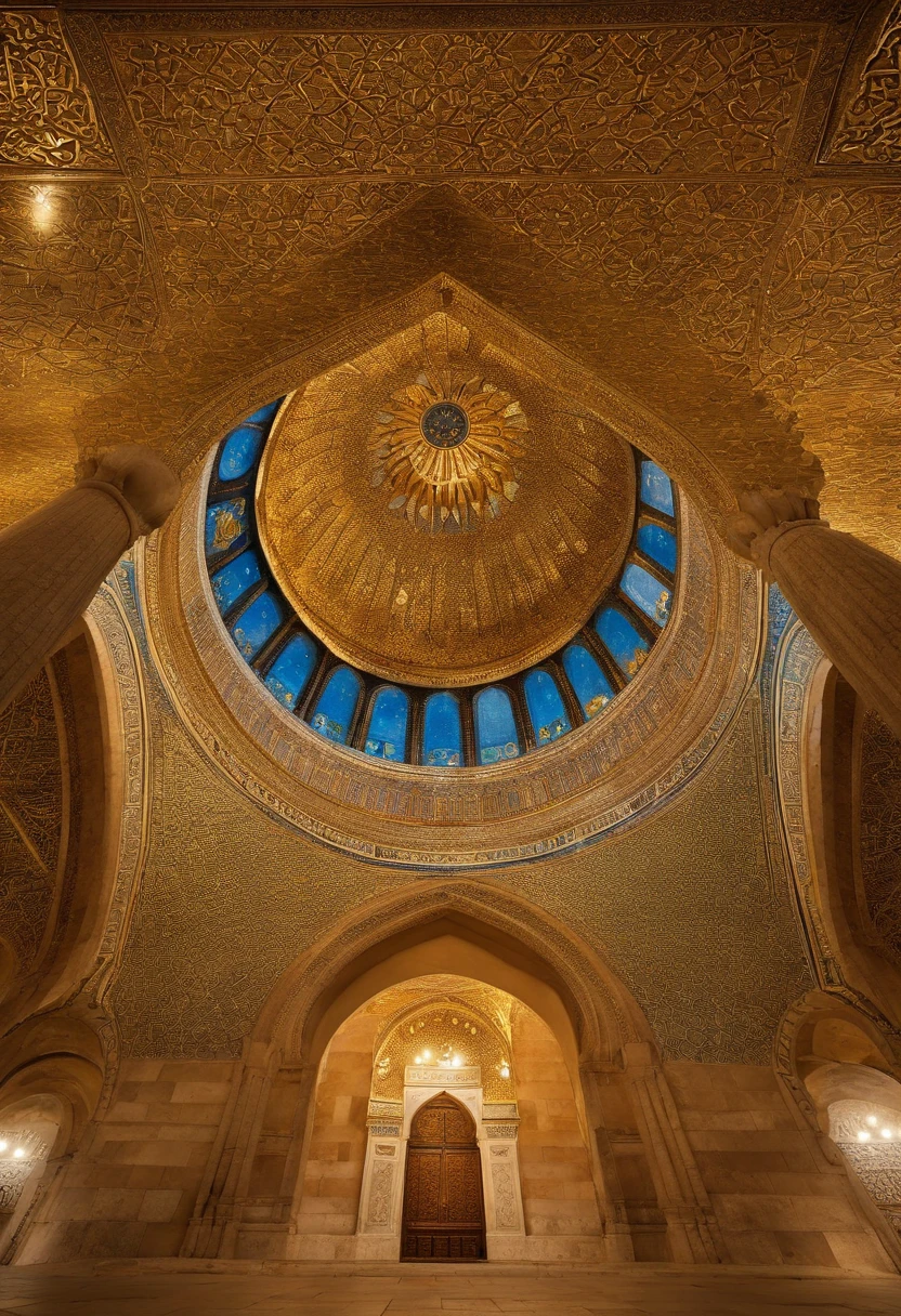 dome of the rock,arquitetura antiga,local sagrado,Islamic art,Golden dome,Holy Shrine,mosaicos coloridos, intricate geometric patterns,caligrafia ornamentada,luz solar brilhante refletindo,pilares lindamente esculpidos,pisos marmorizados,turistas admirando a vista,atmosfera serena,significado religioso,ancient history,architectural masterpiece,(best quality,4k,8k,Altas,master part:1.2),ultra-detalhado,(Realistic,fotorrealista,photo-realistic:1.37),HDR,UHD,studio lighting,extreme detail description,profissional,vivid colors,Bokeh,cena noturna,Silence in the moonlight.