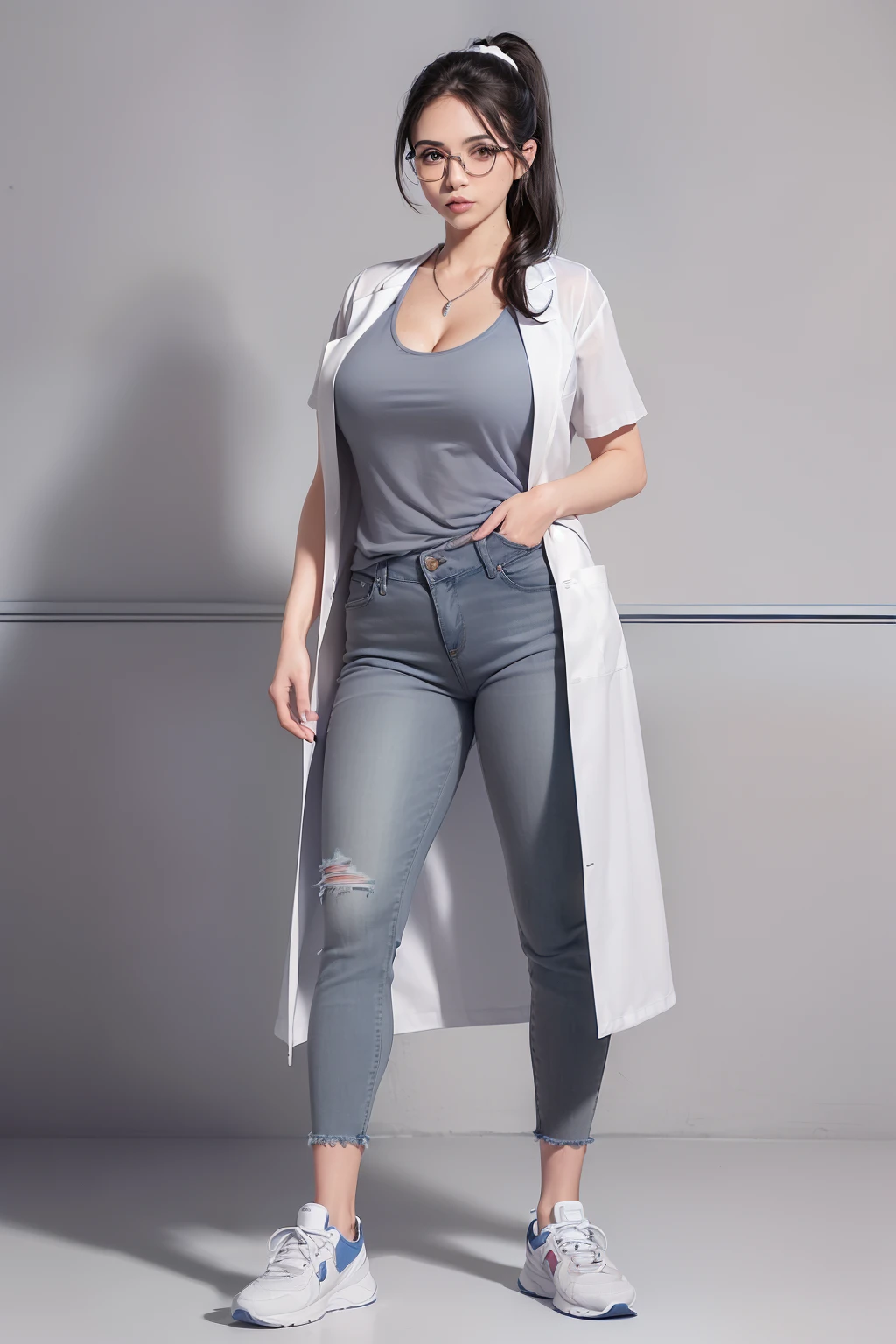 ((masterpiece, best quality, ultra-detailed, ultra-HD, photorealistic, cinematic)), (wide camera shot, full body view:1.5), (sensual pose:1.4), (perfect anatomy, perfect face, large cleavage, proportioned hands), (alluring and voluptuous female as a medical doctor, 28 years old), (sleek black hair in a neat ponytail:1.3), (wearing a white lab coat:1.5), (A comfortable gray t-shirt and blue jeans, and white sneakers:1.4), (a pendant necklace and eyeglasses:1.2), ((dynamic background))