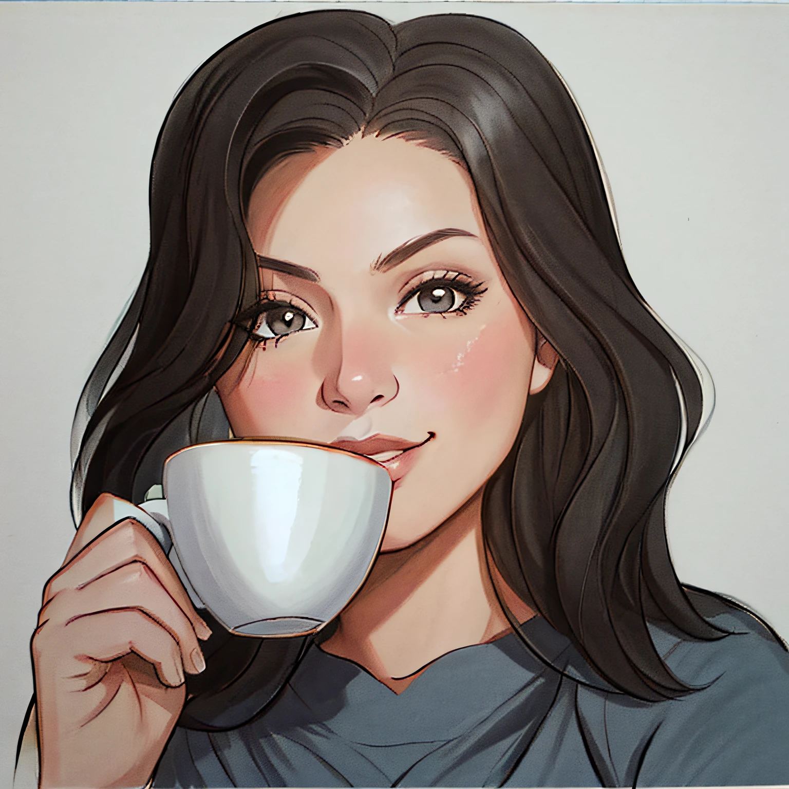 Dibujos animados de una mujer, una camiseta negra sin mangas, Retrato de personaje en primer plano, Retrato detallado del personaje, character art portrait, Retrato de personaje, character concept portrait of me, Primer plano del retrato del personaje, Retrato femenino realista, Arte de retrato de personajes, Retrato de personaje, character design portrait, commission for high resolution, having a cup of coffee, fondo blanco