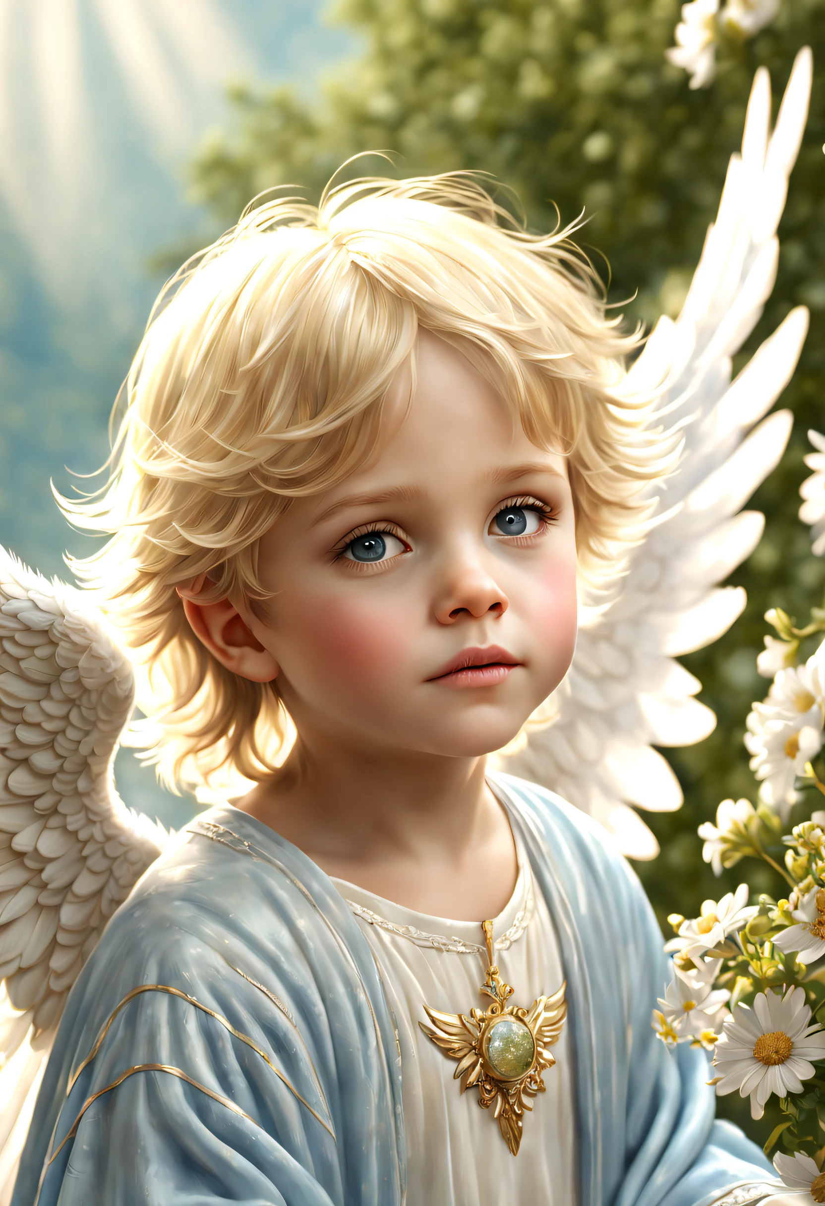 (best quality, 4k, 8k, high resolution, masterpiece: 1.2), ultra-detailed, (realistic, photorealistic, photorealistic: 1.37), the  boy is a beautiful angel, hair is blonde, European style face, wings spread with grace 。Closed my eyes, I feel a calm peace, the feathers are shining, fantastic stars and florals spread around, a soft light comes in from there....., gradient of soft blue and soft green in the background, angels in the sky they watch. beautiful.