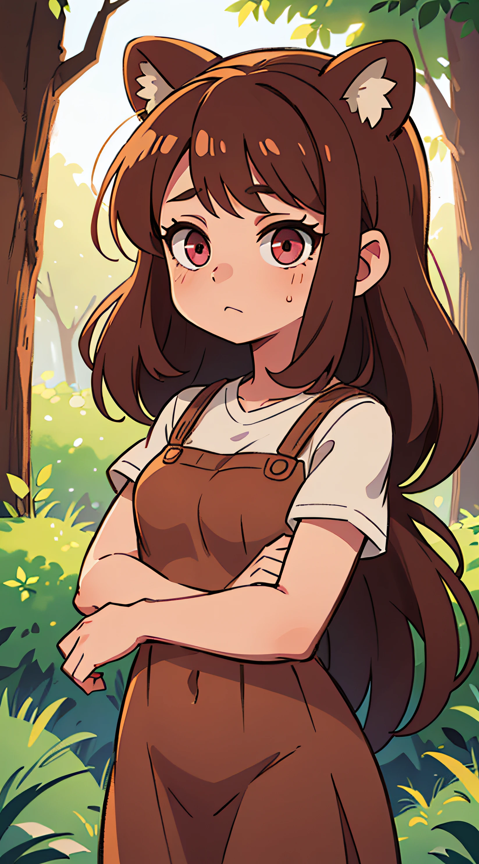 Girl with long brown hair, Brown bear ears. Long Brown Dress. pink eyes. woods