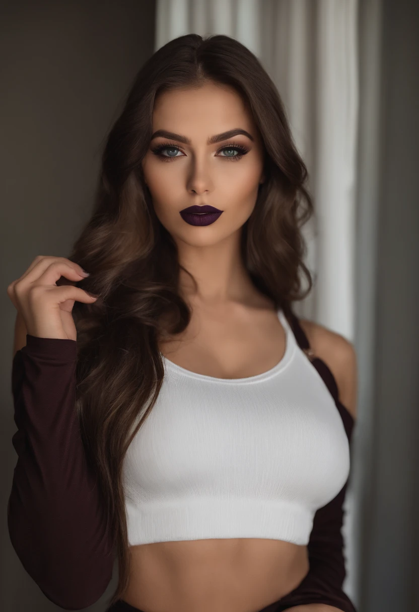 Arafed Women's Tracksuit, fille sexy aux yeux verts, Portrait Sophie Mudd, cheveux bruns et grands yeux, selfie of a young woman, Yeux de chambre, Dark purple lipstick, pas de maquillage, maquillage naturel, looking straight at camera, Visage avec Artgram, maquillage fin, Superbe plan complet, piercing green eyes, Bel angle, pose attrayante, douce fille, sexy pose, Image pleine longueur, complet - corps, Prise de vue du corps entier, brunette goddess, High detail, Posture satisfaite, Pantalon en cuir, gothique, Sein apparent, Tenue sexy, Stern look, Vulgaire