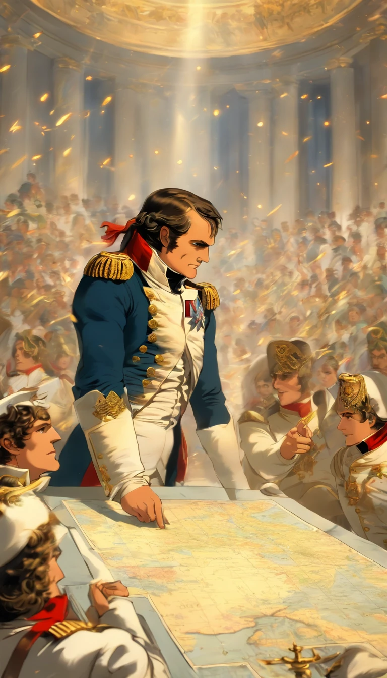 Napoleon Bonaparte meeting with his generals, he is pointing out a strategy on a table that has a map, epic, particles flying across the scene, illustration