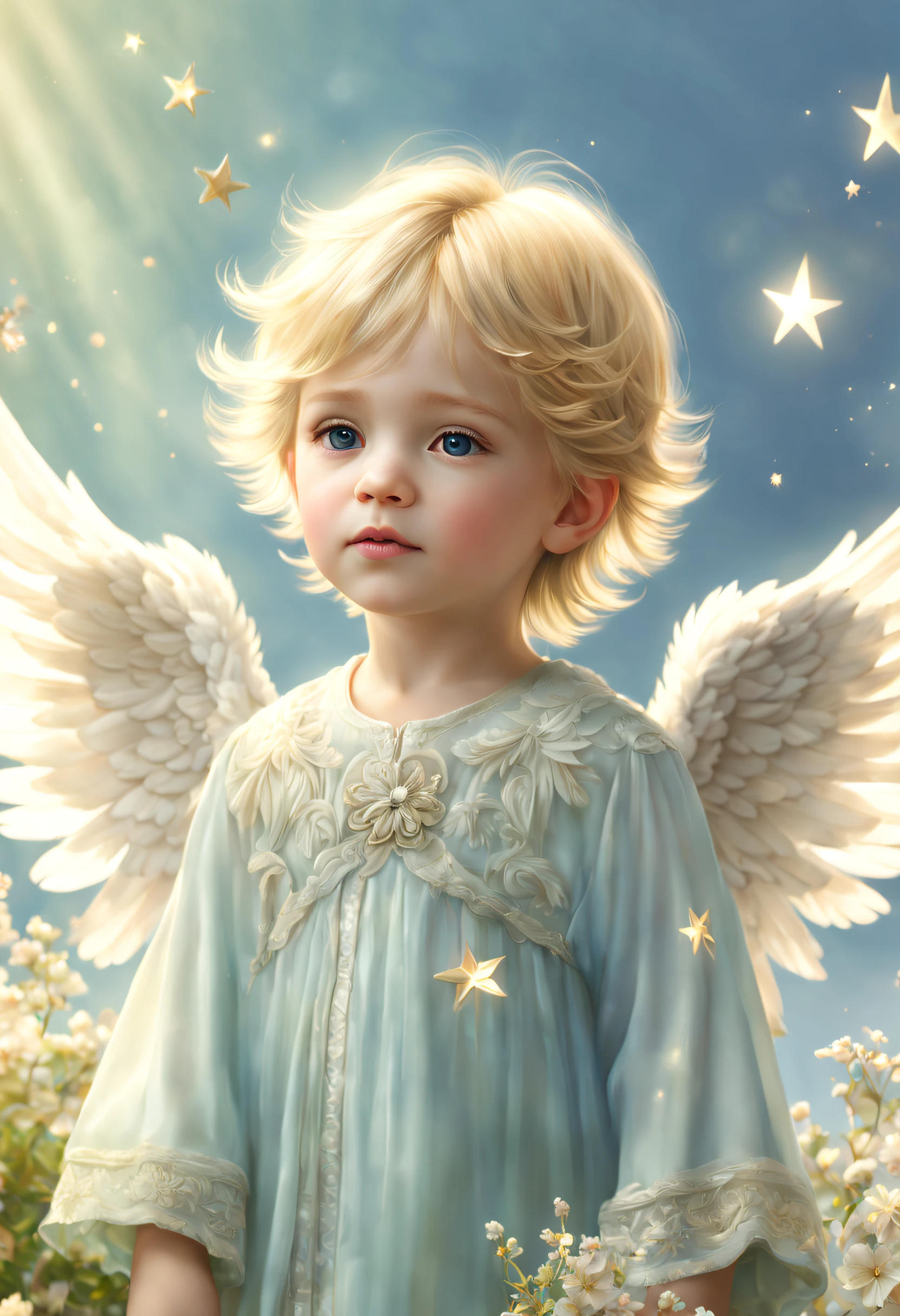 (best quality, 4k, 8k, high resolution, masterpiece: 1.2), ultra-detailed, (realistic, photorealistic, photorealistic: 1.37), the boy is a beautiful angel, hair is blonde, European style face, wings spread with grace 。Closed my eyes, I feel a calm peace, the feathers are shining, fantastic stars and florals spread around, a soft light comes in from there....., gradient of soft blue and soft green in the background, angels in the sky they watch. beautiful.