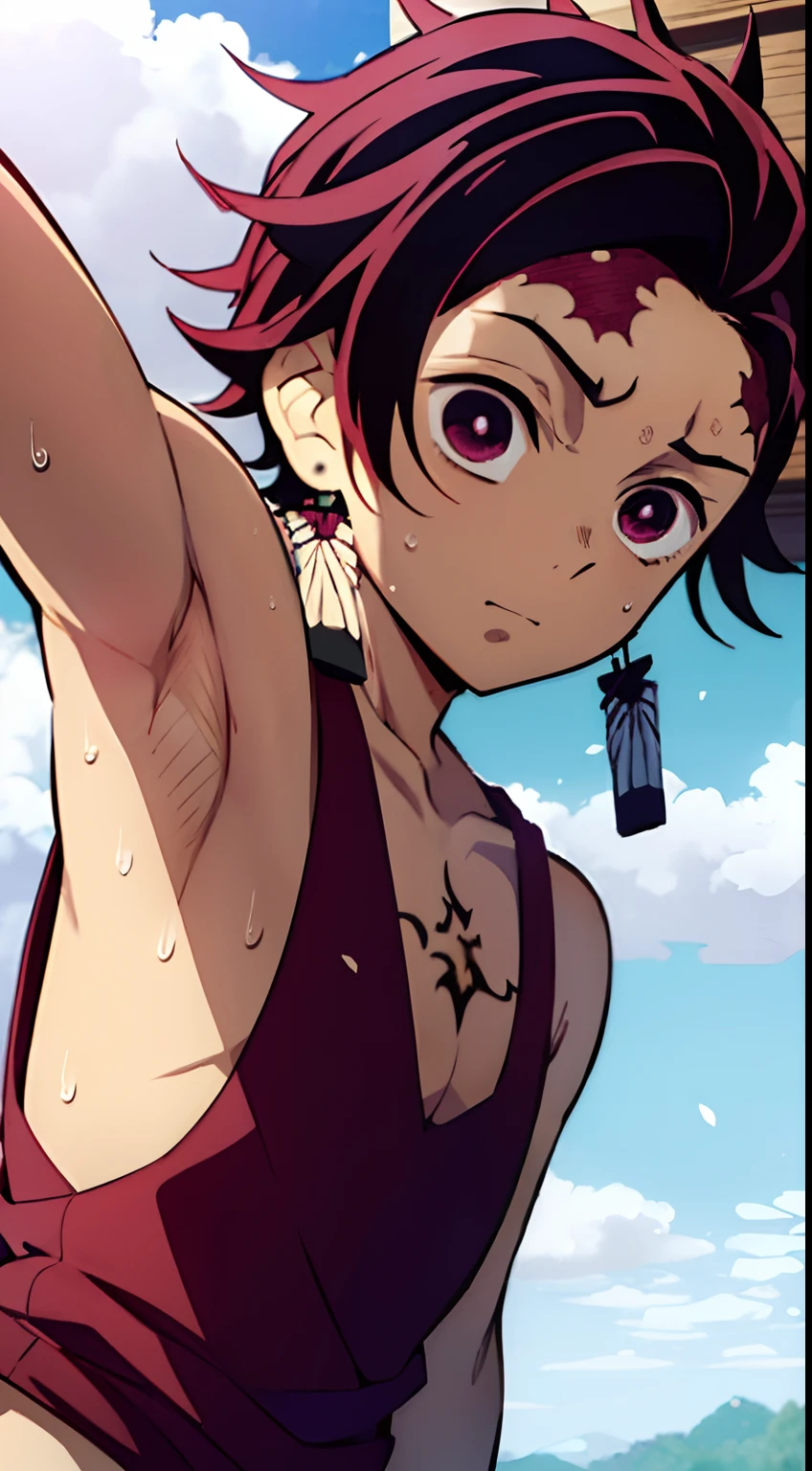 1boy masterpiece, Kamado Tanjiro from Demon Slayer, rain, gazing at the sky, (showing armpit:1.3), (shirtless, topless, bare chest), slim body, without clothes, body only