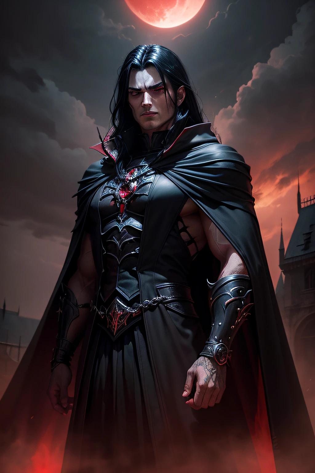 a dark muscular male evil lord, long flowing black hair, black and red cloak, piercing red eyes, menacing expression, powerful aura, standing in a dimly lit chamber,, casting eerie shadows, , adorned with intricate details, with a sinister grin, exuding an aura of darkness, with an intimidating presence, in a gothic castle, with imposing architecture, shrouded in mist, under a blood-red moon, with a storm brewing in the background, creating a foreboding atmosphere, reminiscent of a dark fantasy novel cover, with a dramatic lighting, emphasizing the contrast between light and shadow, evoking a sense of mystery and danger, with a touch of supernatural elements and captivating artistry.