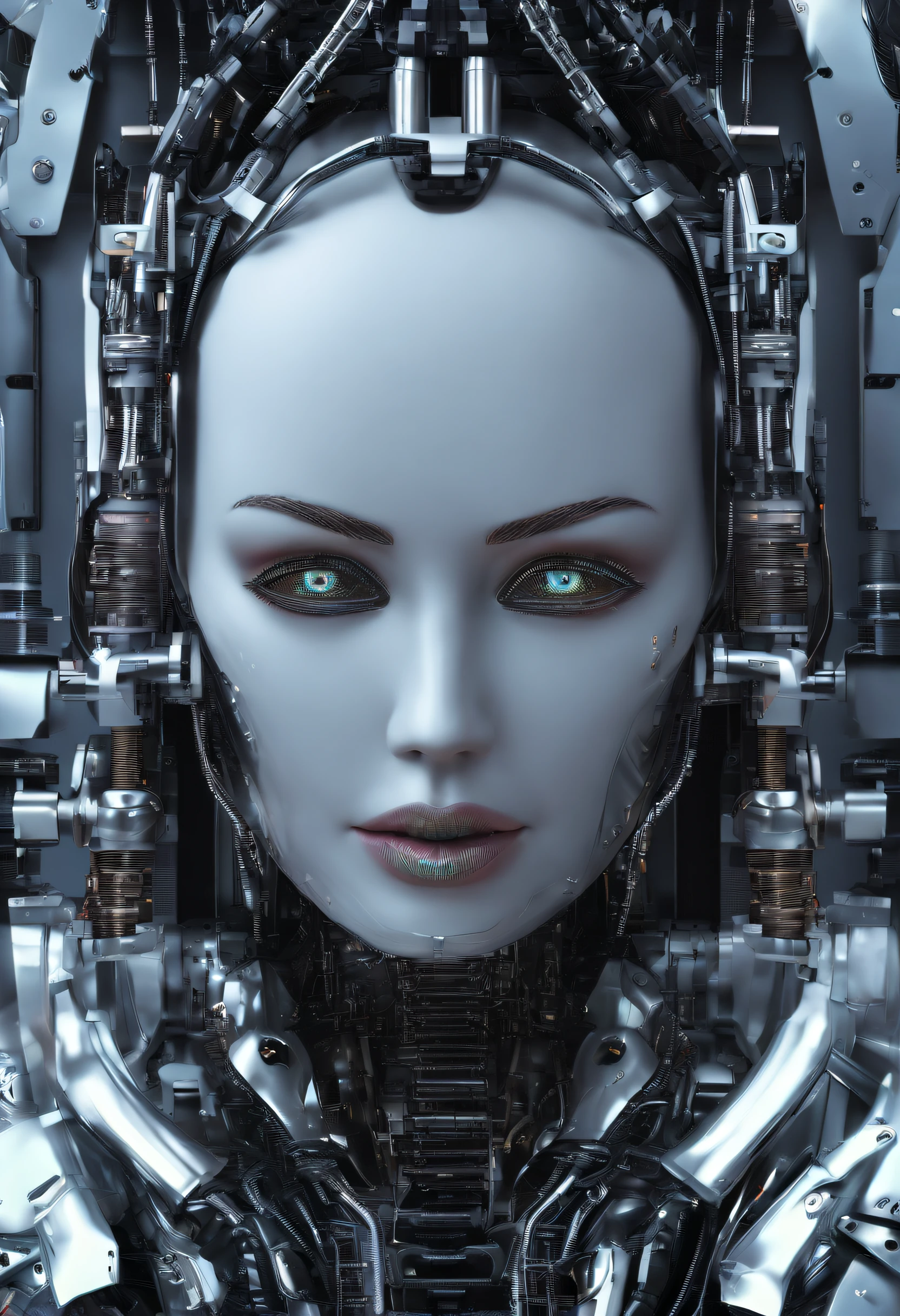 create a image of a beautiful women's face, half machine half human