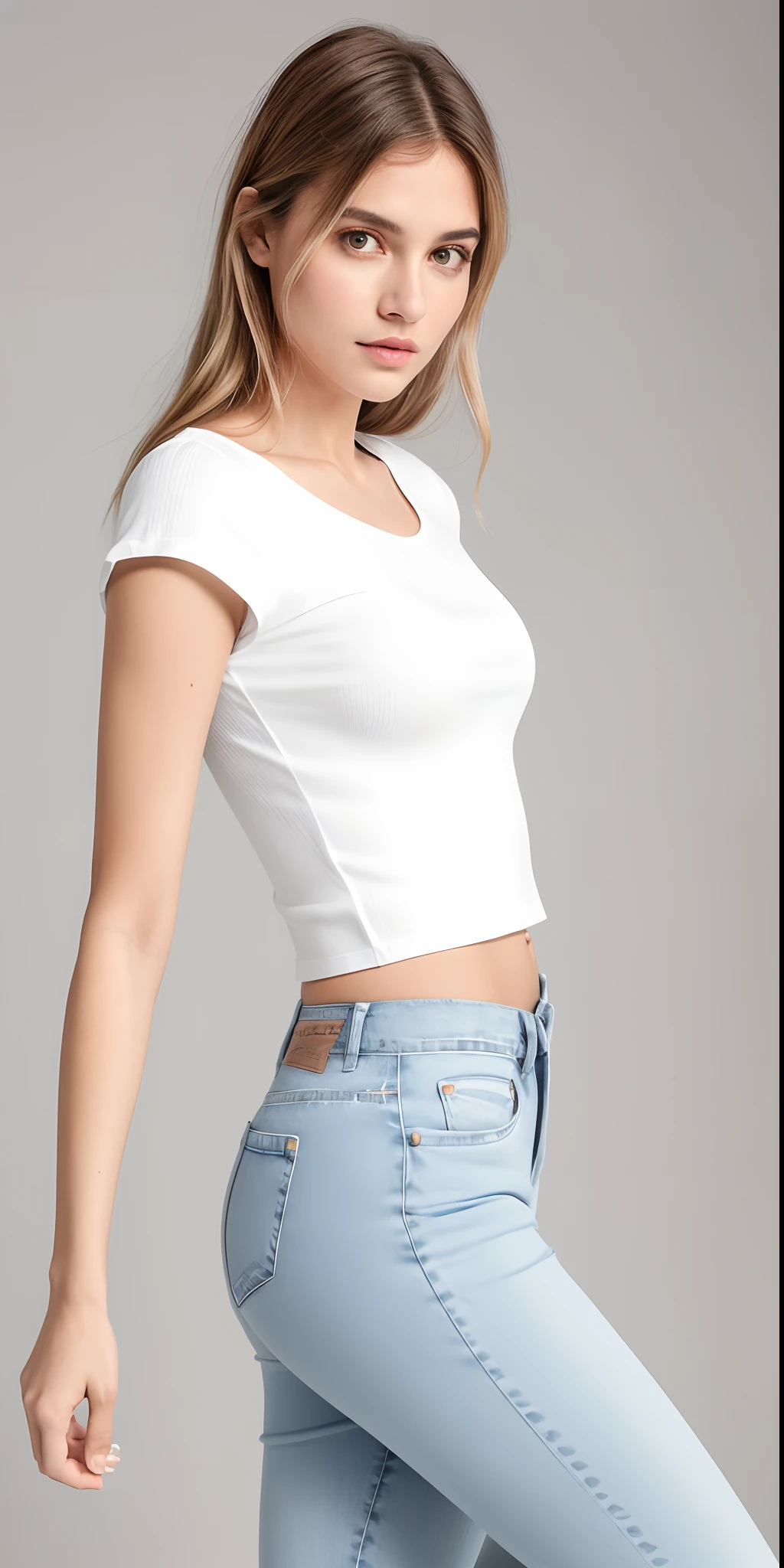 a woman in a White top and jeans posing for a picture, usando um top cropped sexy, top cut, wearing a cropped top, exposed belly, wearing top cut, nude belly, wearing a cropped tops, smallest belly ever, wearing a top cut, White top, beautiful belly, half body cut, cut out