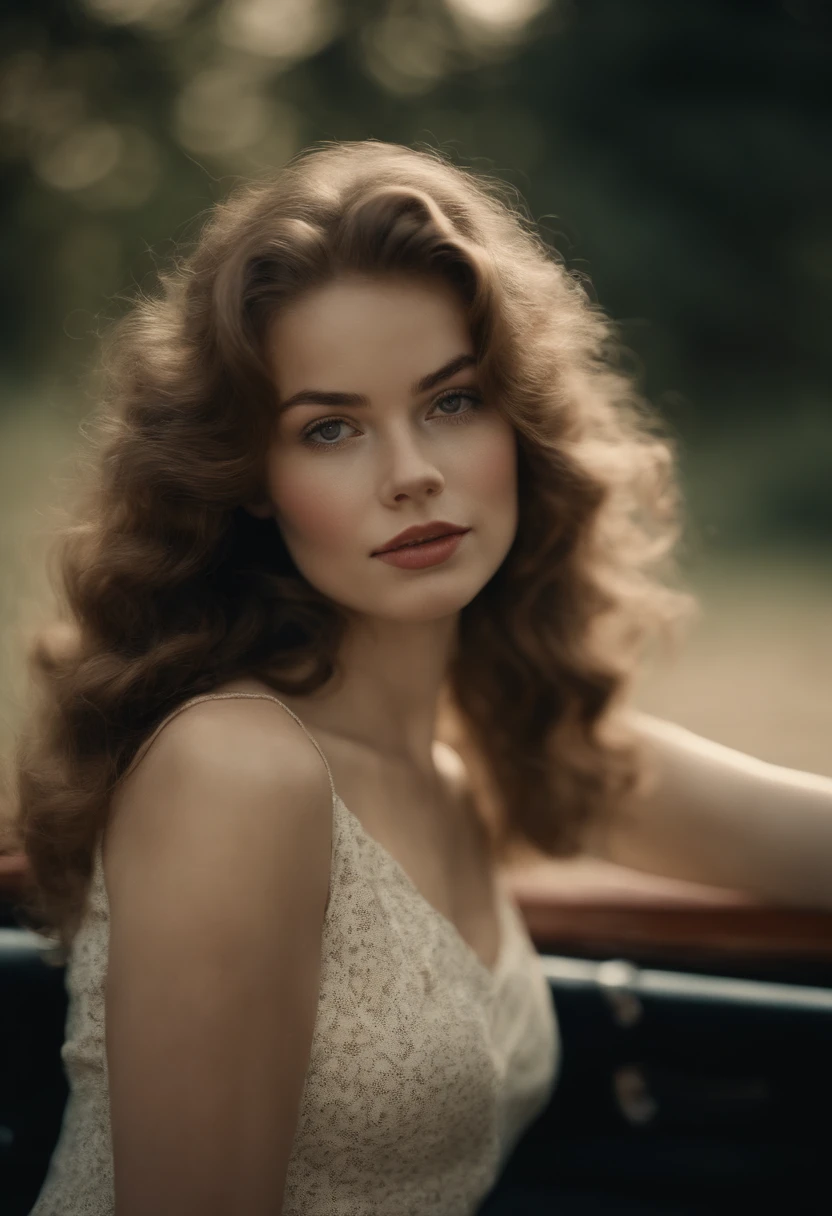 highres, nostalgic portrait, vintage film style, soft lighting, faded colors, grainy texture, freckles, natural beauty, curious expression, wavy hair, dreamy atmosphere, shallow depth of field, candid moment, classic black and white, 1960s fashion, retro charm, youthful innocence, film noir aesthetic.